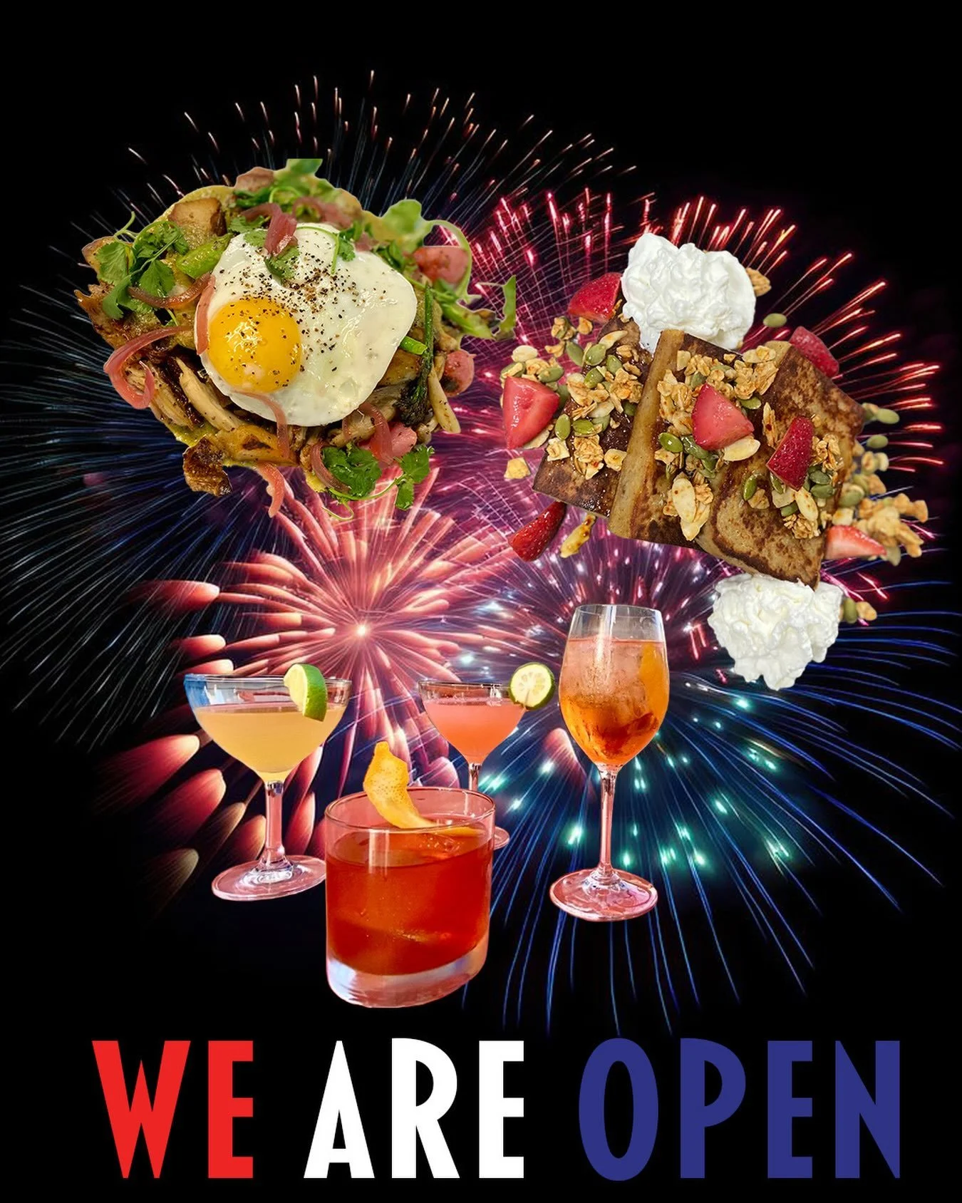 Yes we are!!!
For brunch + dinner all day!
💃🎆🇺🇸🎇🎶