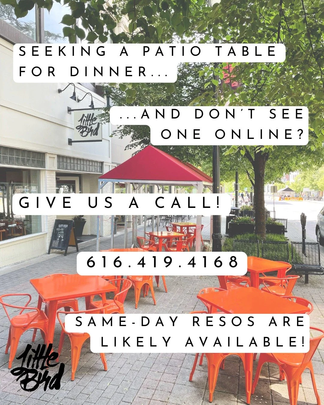 REMINDER ALERT! 🌥️⛅️🌤️☀️

All dinner reservations will be plotted inside to guarantee your spot, unless you request a patio table in advance.

This means *online visibility* is limited to inside tables (Michigan weather, you know).

On patio-friend