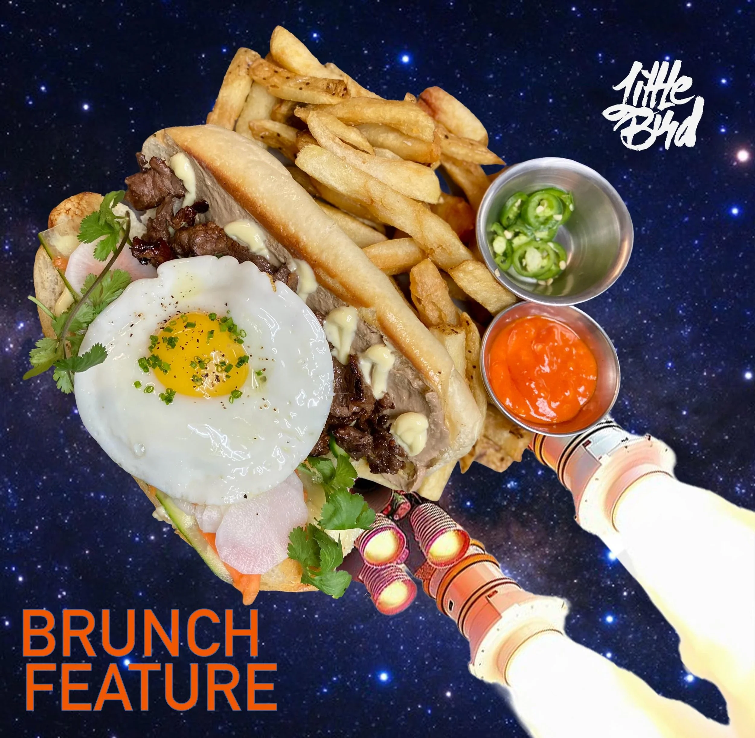 🧑&zwj;🚀👩&zwj;🚀👨&zwj;🚀
TO INFINITY AND BEY&hellip;B&Aacute;NH!

🚀 B&aacute;nh M&igrave; 🚀
&bull;duck pate
&bull;marinated wagyu hanger steak
&bull;pickled carrots &amp; daikon
&bull;serrano
&bull;sunny egg
&bull;cucumber 
&bull;malt vin mayo
&