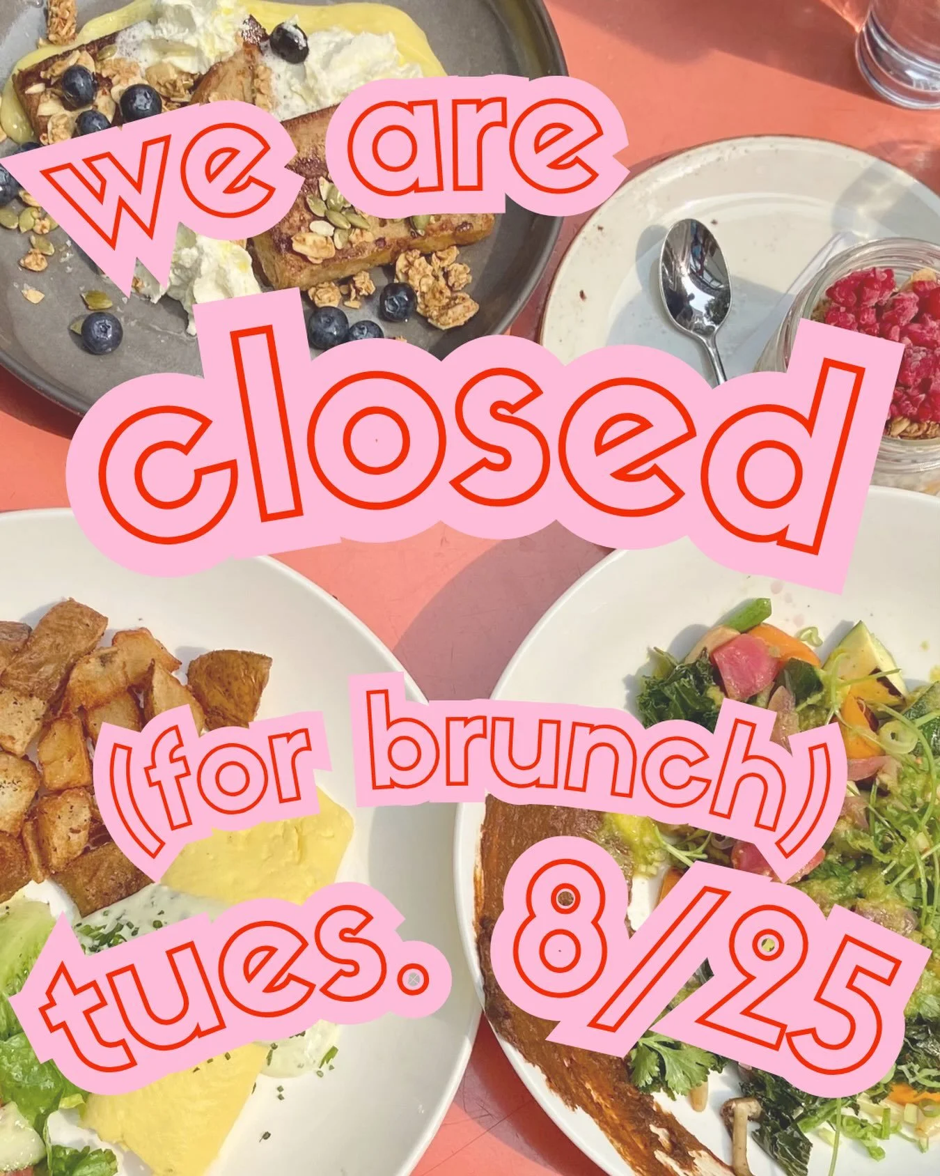 Friends &mdash;

We will be closed for breakfast and lunch on Tuesday 8/25 in order to host a private event.

We will reopen at night as regularly scheduled &mdash; bar at 4PM + dinner at 4:30PM.

We apologize for any inconvenience this causes for yo