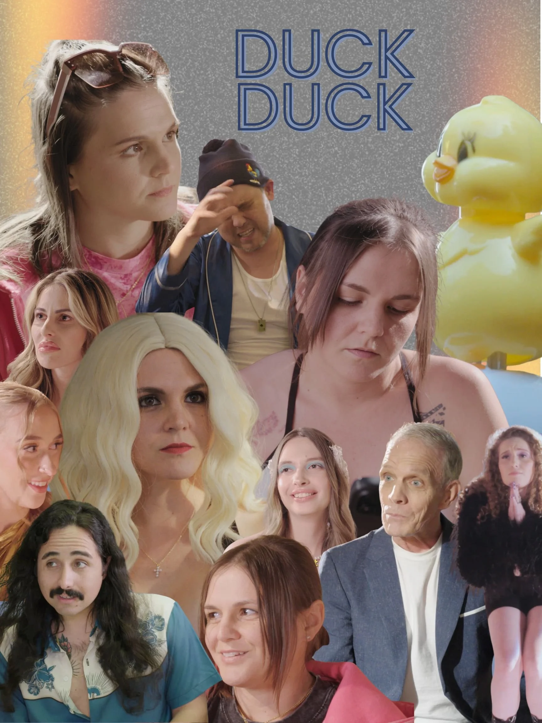 A collage of faces from the Duck Duck universe. The Hero, The Man, The John, The Host, Mama Dom, and the Classmates, plus a Duck