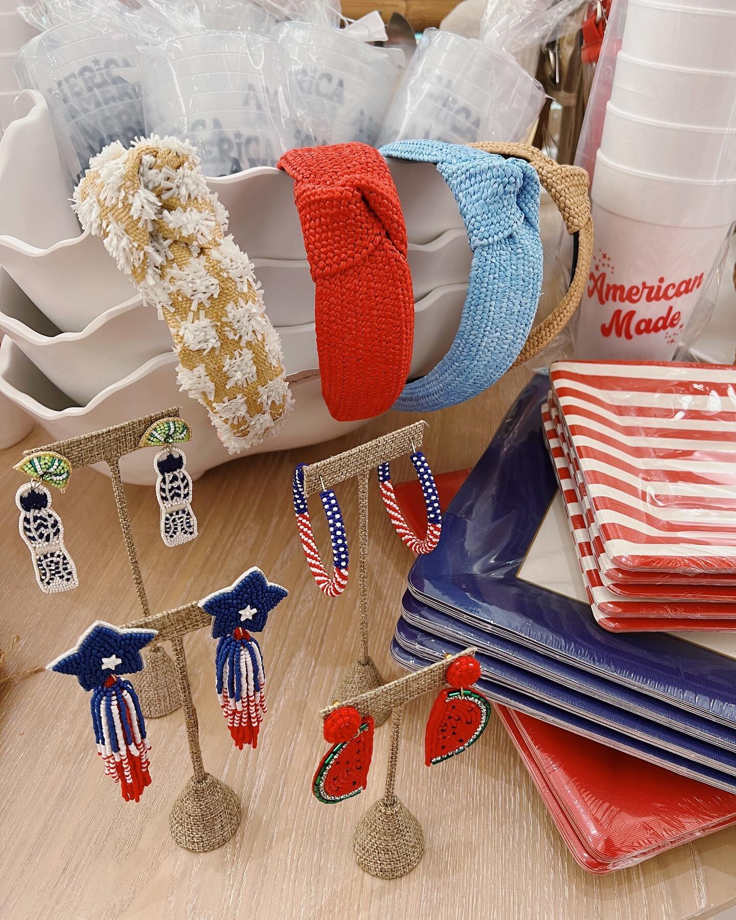 Memorial Day weekend is just around the corner! 🇺🇸🌭☀️🍉🍻🏓🌠

We&rsquo;ve got all of your hosting needs &amp; accessories covered! Darling beaded earrings, fabulously festive cups, red, white &amp; blue Caspari plates &amp; napkins, and of course