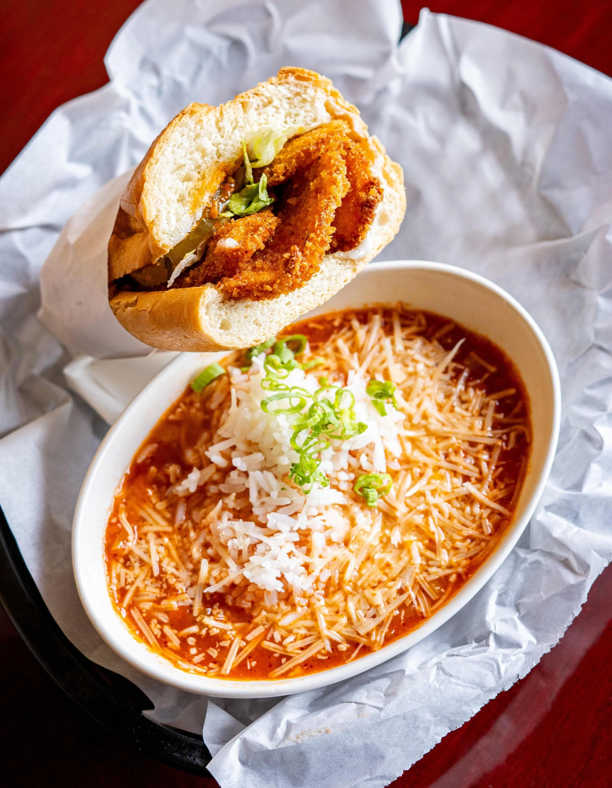 Jambalaya with Half Fried Chicken Po'Boy