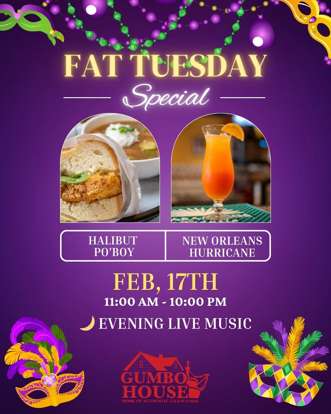 Fat Tuesday Special at Gumbo House:
Halibut Po&rsquo;Boy | New Orleans Hurricane.
Let the good times roll! Join us! 🎉💜💛💚