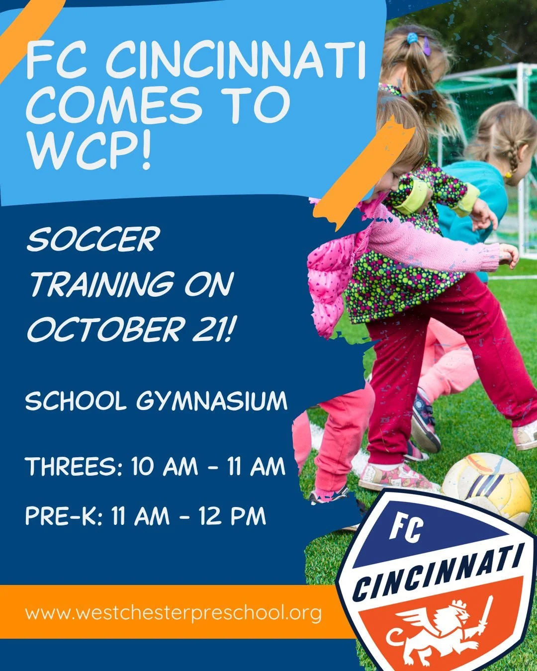 ⚽ Big news for our littlest athletes! Thanks to Coach Danny, FC Cincinnati is bringing the energy to West Chester Preschool this month!

Join us Tuesday, October 21, for a special soccer training session led by the pros&mdash;right in our school gymn
