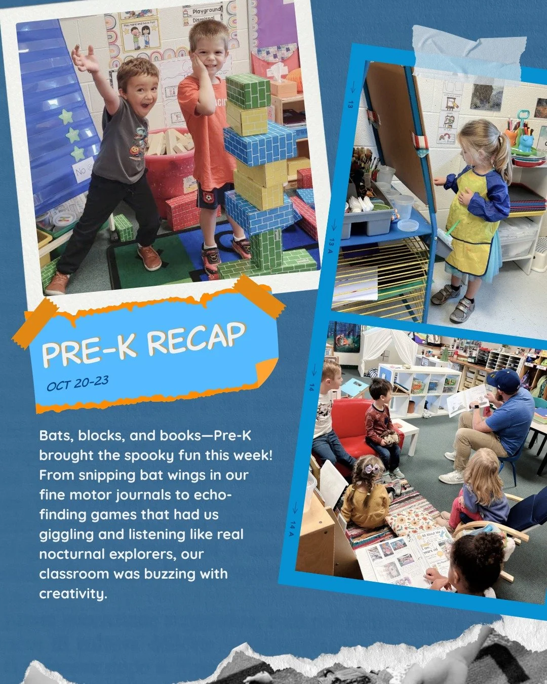 ππ¦ Bats, blocks, and books—Pre-K brought the spooky fun this week!
From snipping bat wings in our fine motor journals to echo-finding games that had us giggling and listening like real nocturnal explorers, our classroom was buzzing with crea