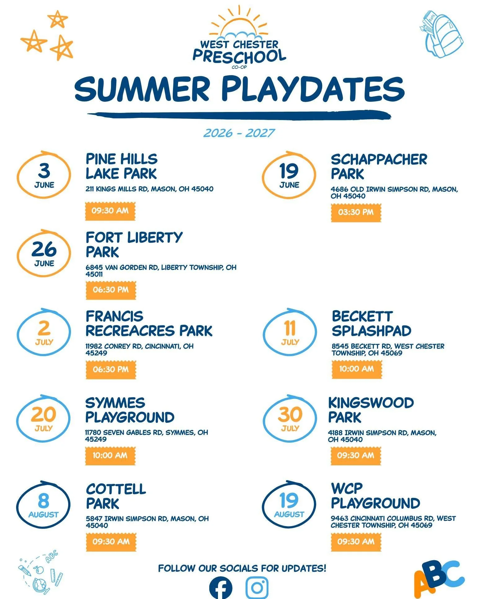 By week two of summer break, every parent has Googled "free things for toddlers." We've got you. ☀️

Nine WCP playdates, nine local parks, all summer long. Open to current and curious families. Save the flyer and come hang. 💛

Full schedul