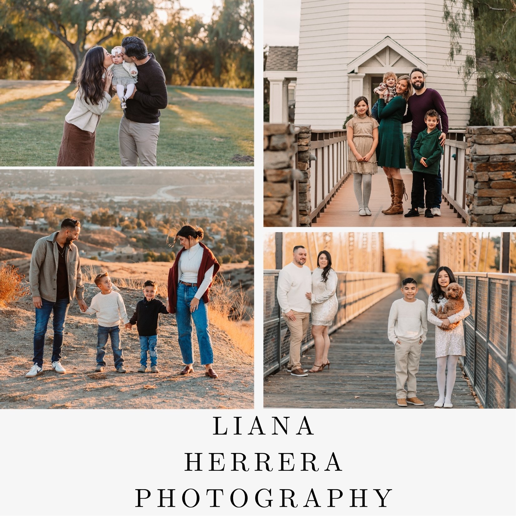 A collage of four family portraits taken in different outdoor settings with warm lighting, showing families with children and adults smiling and interacting. The collage is overlaid with the name "Liana Herrera Photography" at the bottom.