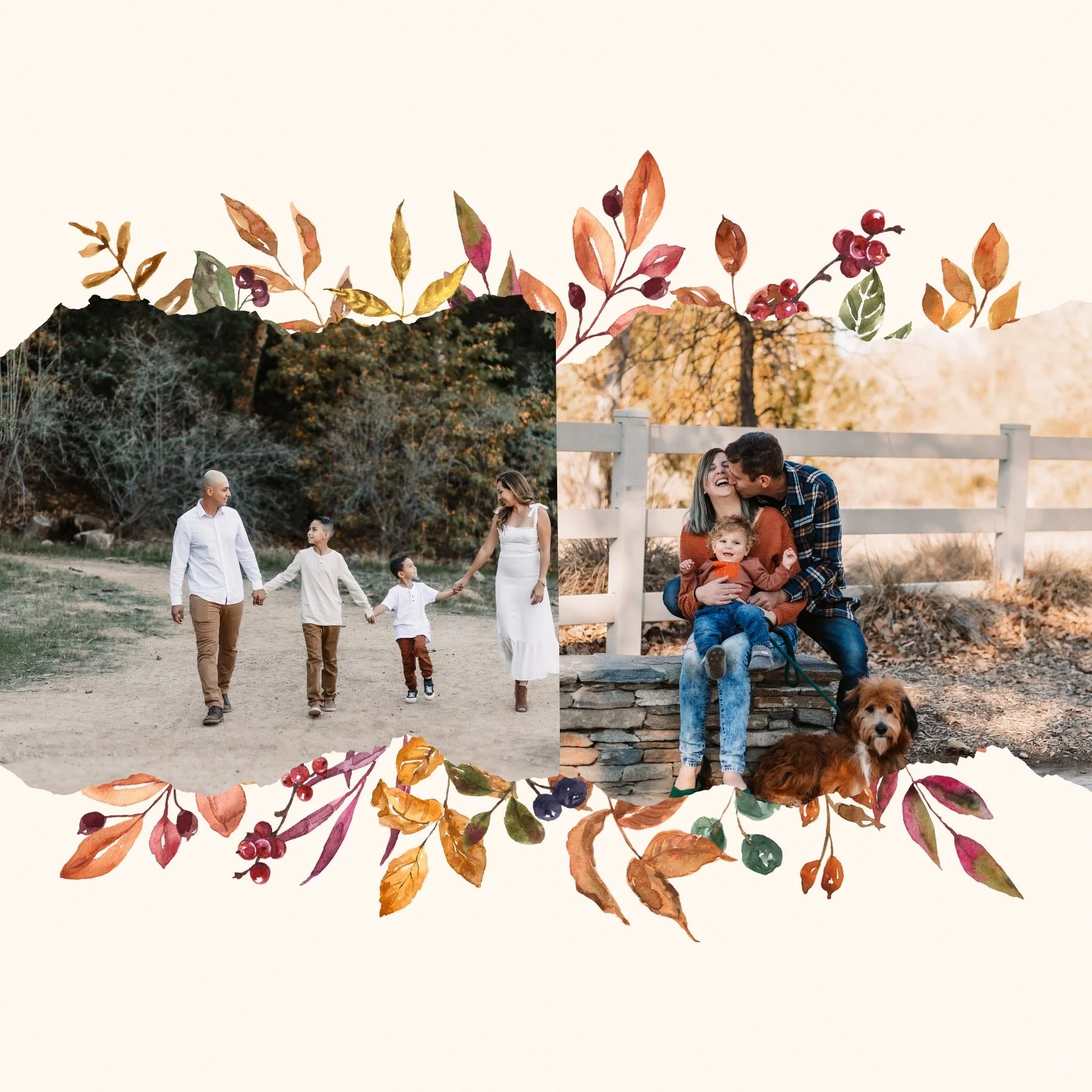 Two separate photos of families enjoying outdoor autumn scenery, framed by a decorative border of autumn leaves and berries.