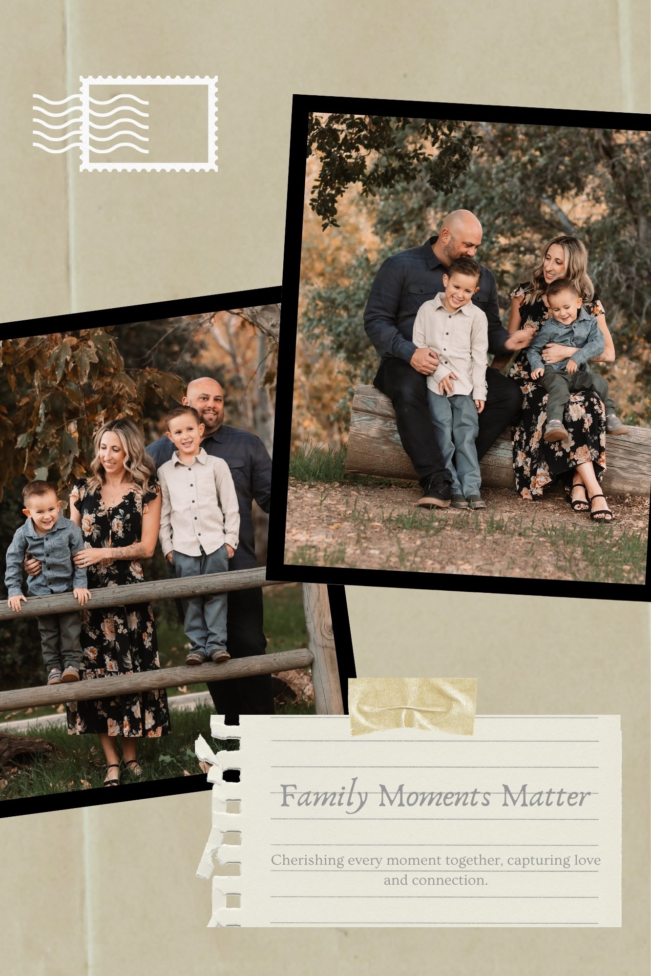 Photographs of a family, including two adults and three children, sitting on a log outdoors during autumn, smiling and enjoying time together, with trees and fall foliage in the background. Text on the image reads: "Family Moments Matter" and "Cherishing every moment together, capturing love and connection."