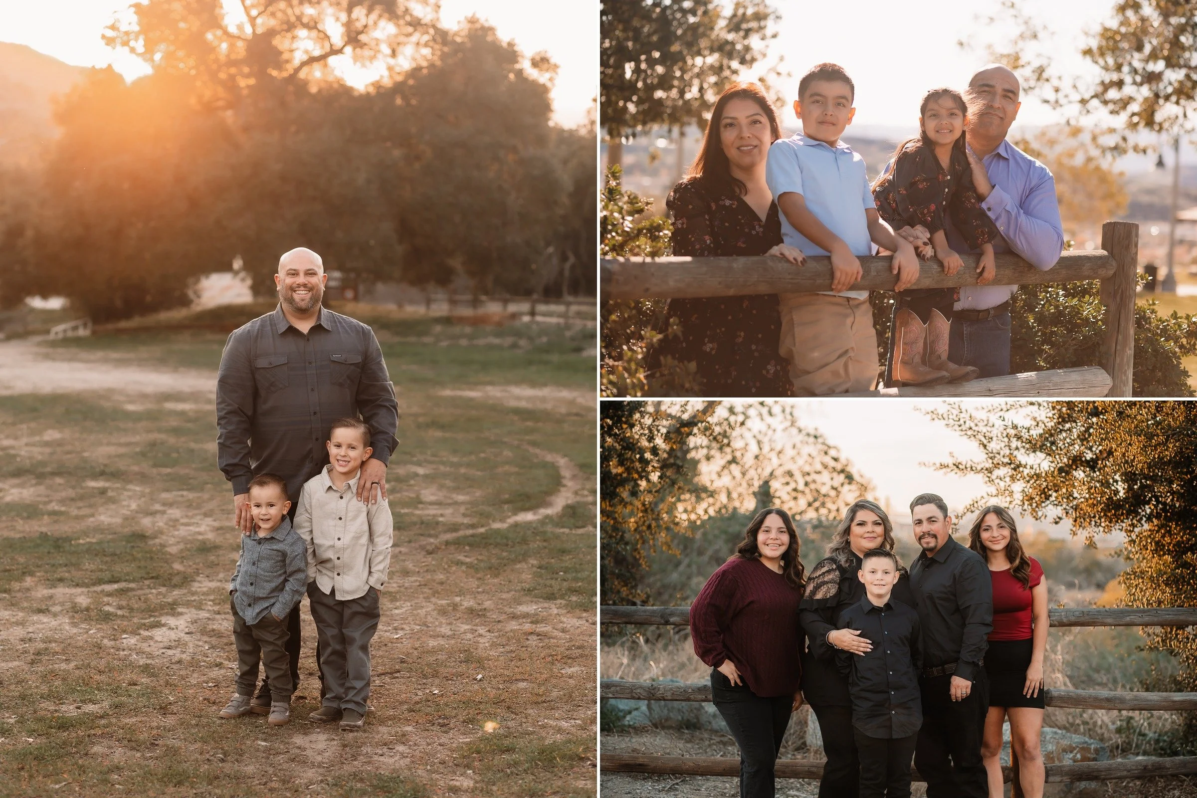 Collage of Santa Clarita family photos at golden hour: a dad with his two sons in golden light, a family of four at a wooden fence, and a family of five standing close together at sunset