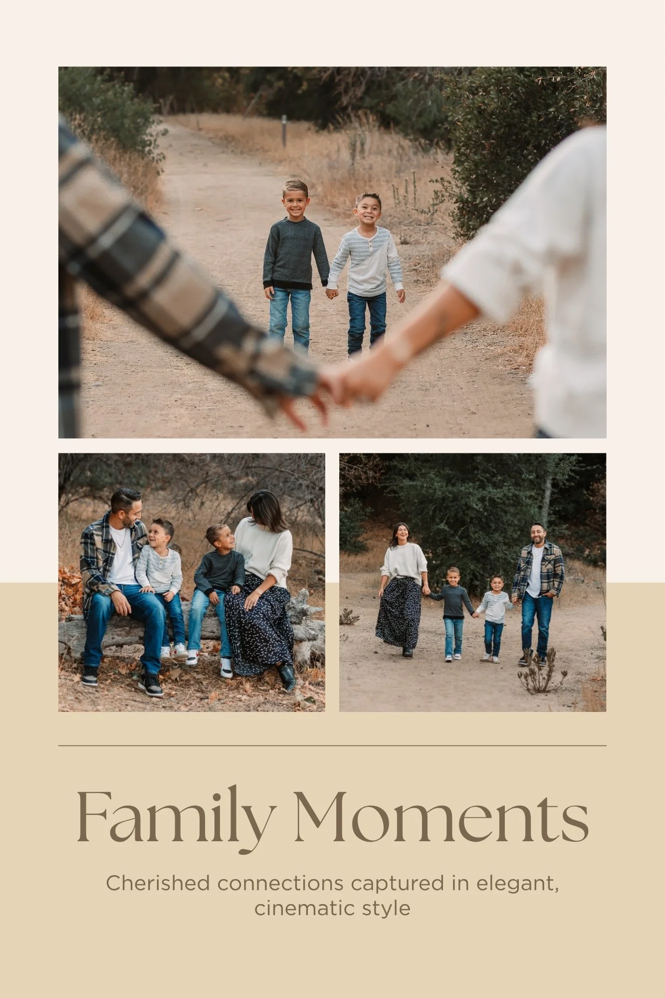 Photo of a family enjoying outdoor moments, holding hands and walking on a dirt trail surrounded by trees, with two boys smiling and holding hands in the center of the image.