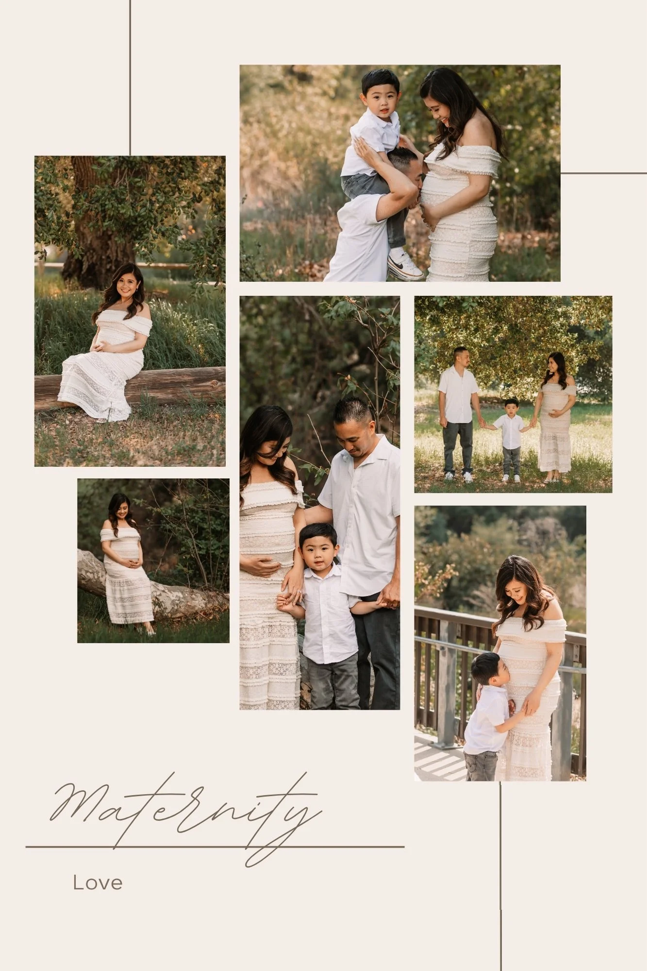 A collage of photos featuring a family with a pregnant woman, a husband, and two young boys outdoors in a park-like setting with trees and natural scenery. The images depict moments of love and togetherness, with the family interacting in various poses, including walking, sitting, and embracing.