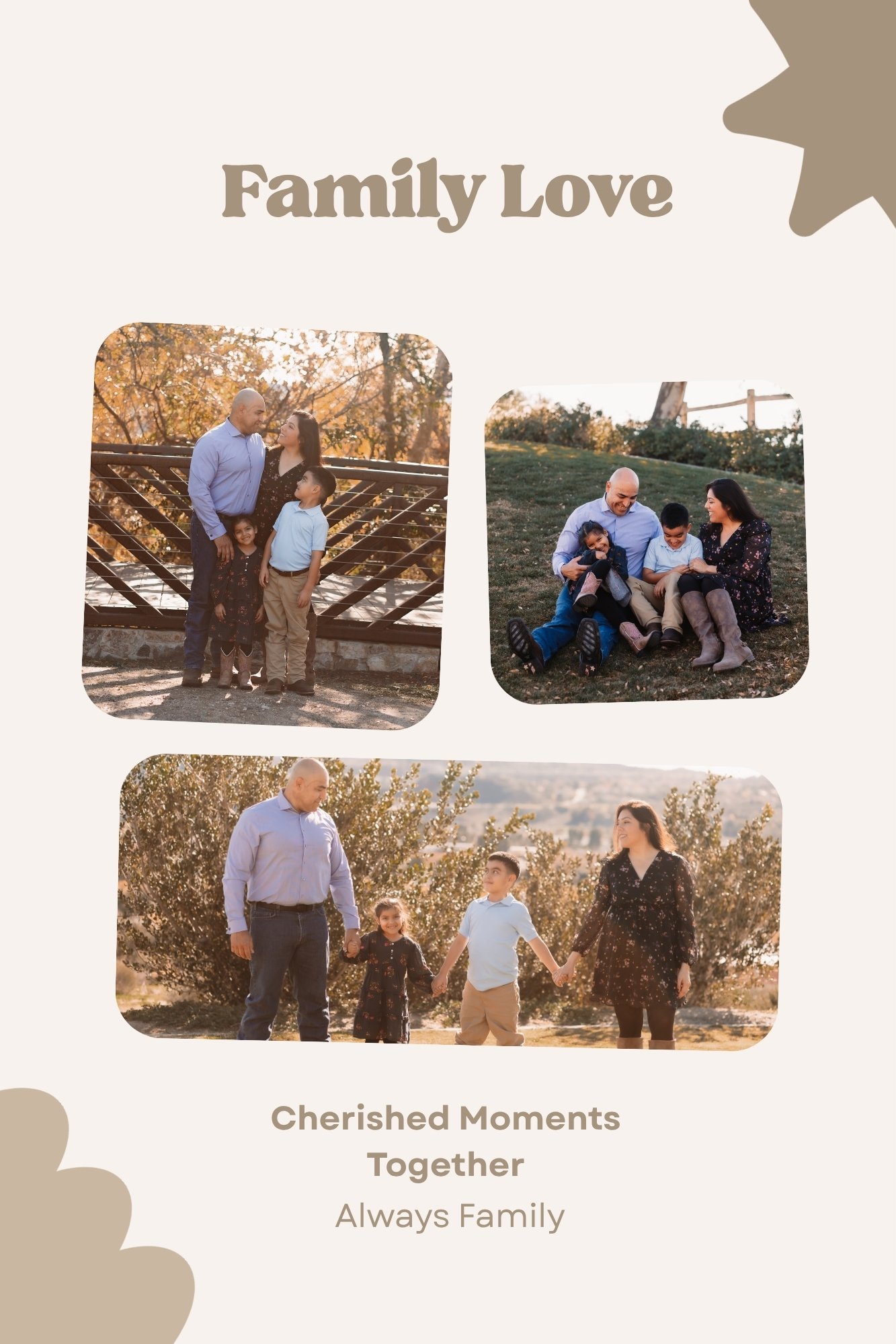 Collage of four photos of a family with a man, woman, and children enjoying outdoor moments together during fall, with trees and natural scenery in the background, emphasizing family love and cherished moments.