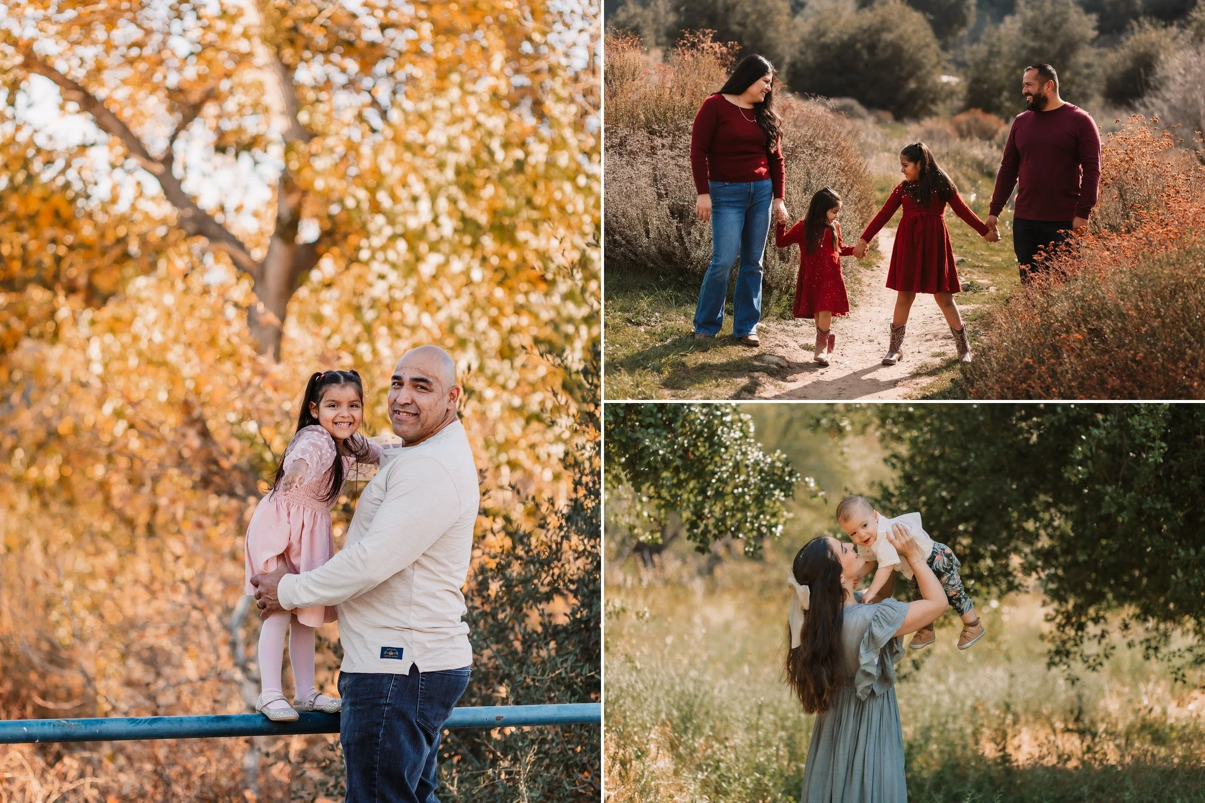 Collage of candid Santa Clarita family photos: a dad holding his daughter on a fence rail, a family walking hand in hand down a golden trail, and a mom lifting her laughing baby under an oak tree