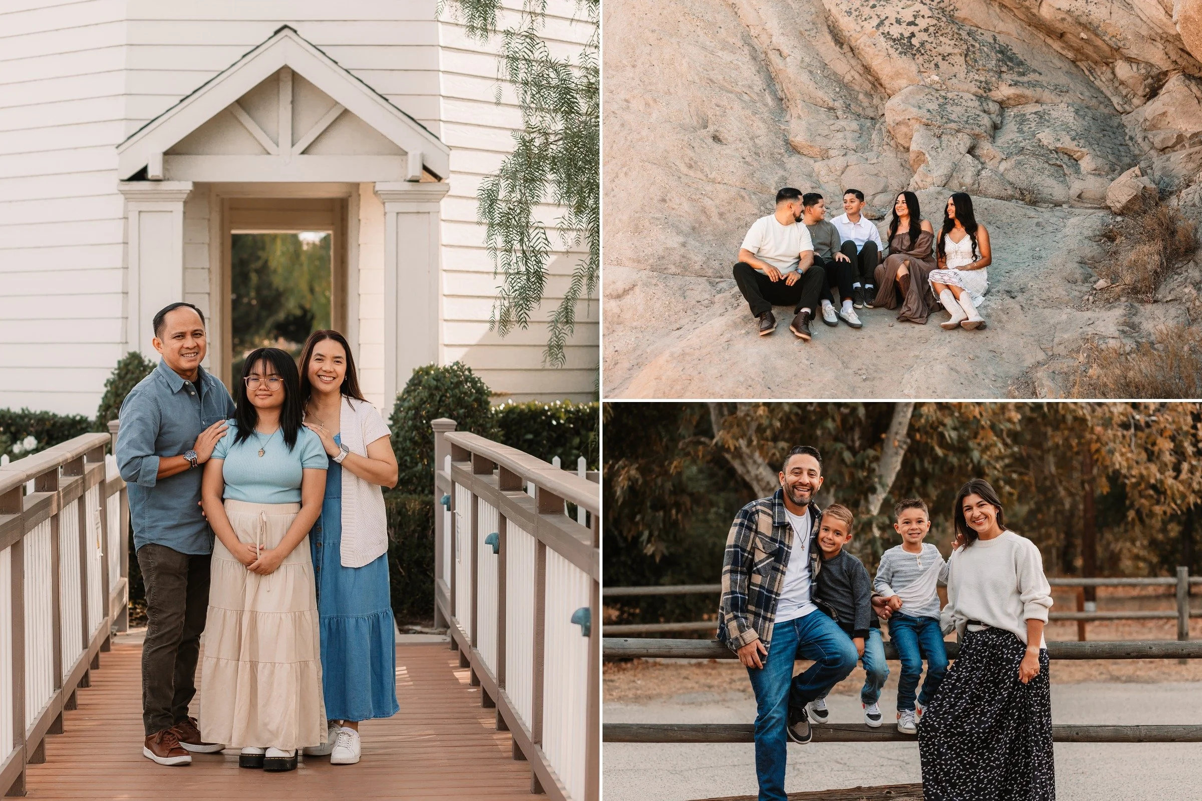 Collage of Santa Clarita family photos: a family of three standing on a bridge, a family laughing together at Vasquez Rocks, and a family of four at a park, family photography by Liana Herrera Photography