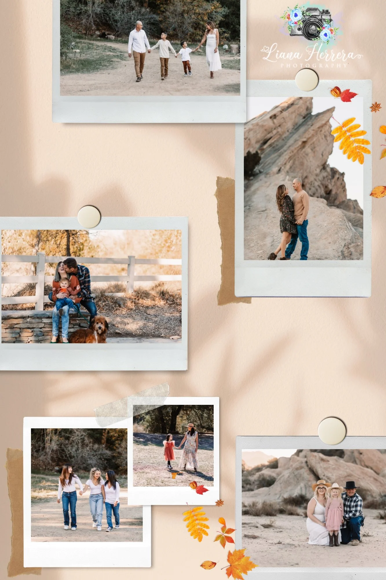 Collection of outdoor family photographs on a wall, including children playing, walking, and family portraits in nature with autumn leaves and rocks.