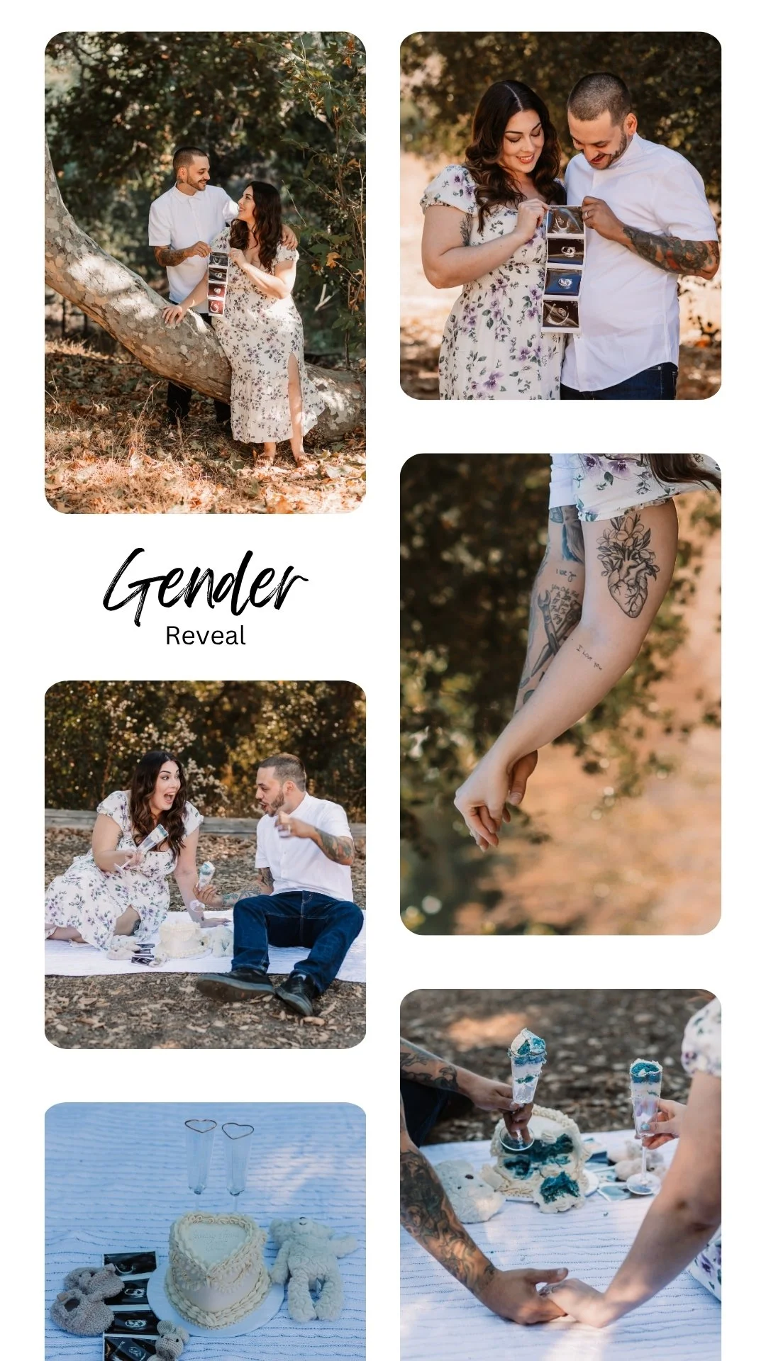 Collage of photos from a gender reveal celebration in an outdoor park setting. Photos show a couple, including a woman with tattoos and a man with tattoos, sharing moments of joy, looking at ultrasound images, and celebrating with cake, ice cream, and gifts.
