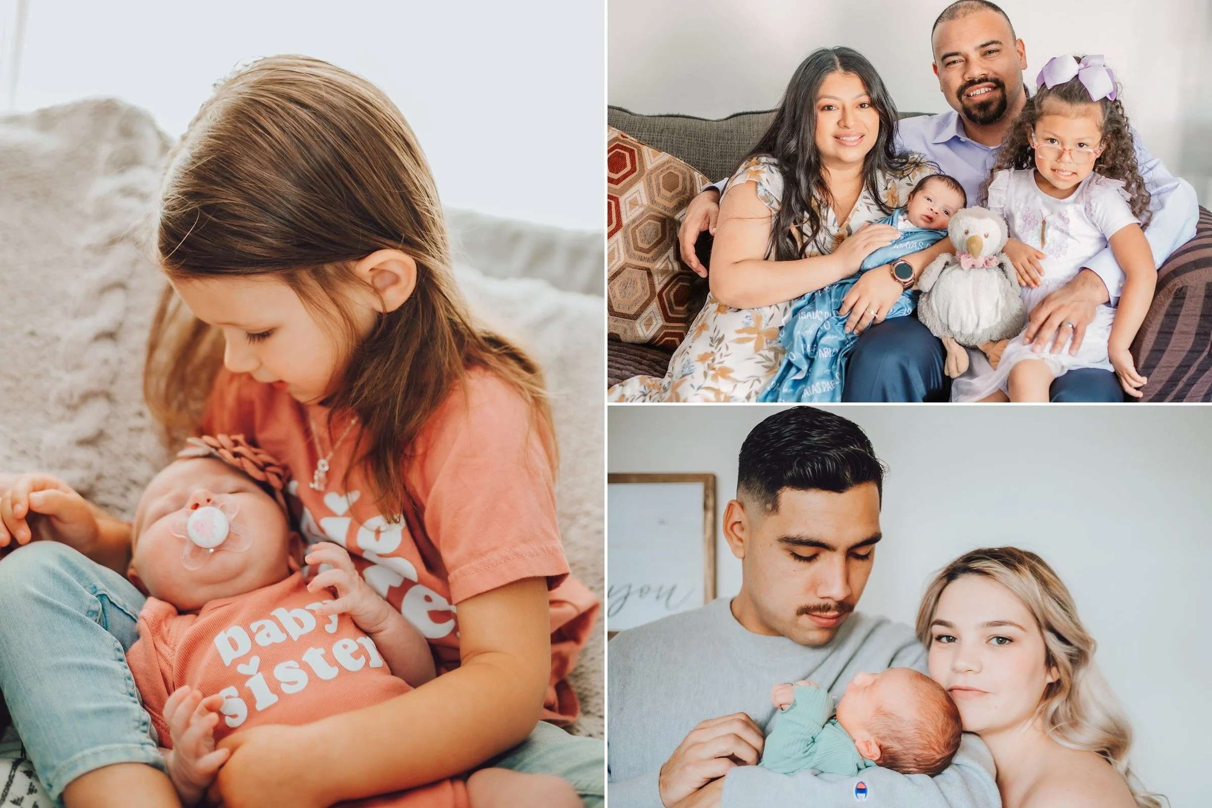 Collage of Santa Clarita newborn lifestyle photos at home: a big sister holding her newborn sister, a family on the couch with their newborn, and parents cradling their baby