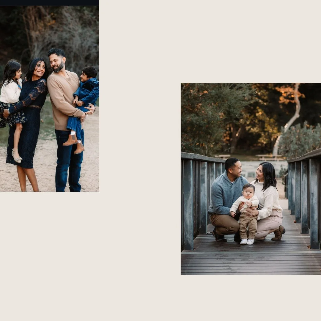 Two family photos outdoors with diverse families, one with parents and children standing, and another with parents and a child sitting on a bridge with trees in the background.