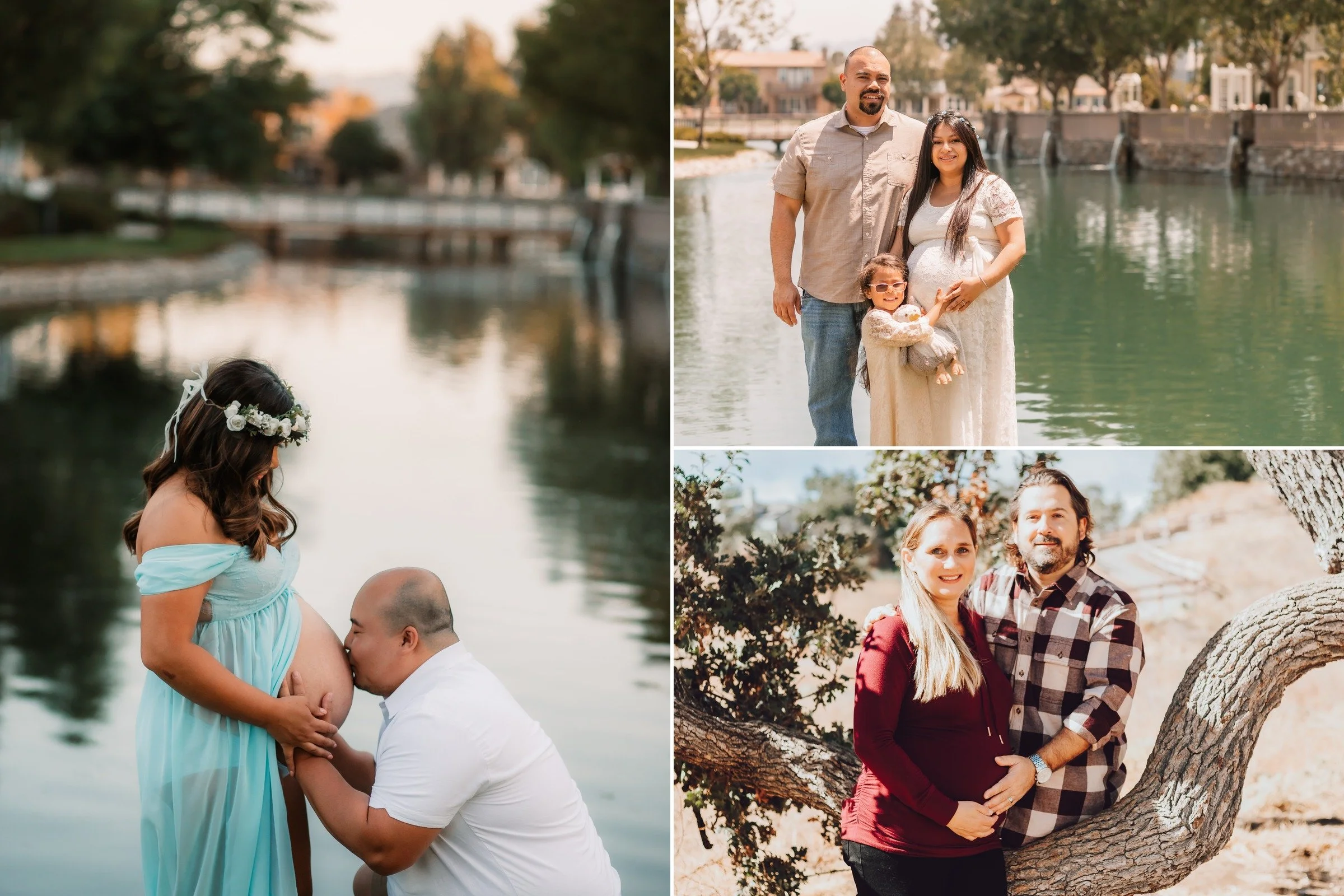 Collage of Santa Clarita maternity photos: an expecting mom in a blue gown by a lake, a maternity portrait by the water, and a couple cradling a baby bump under an oak tree