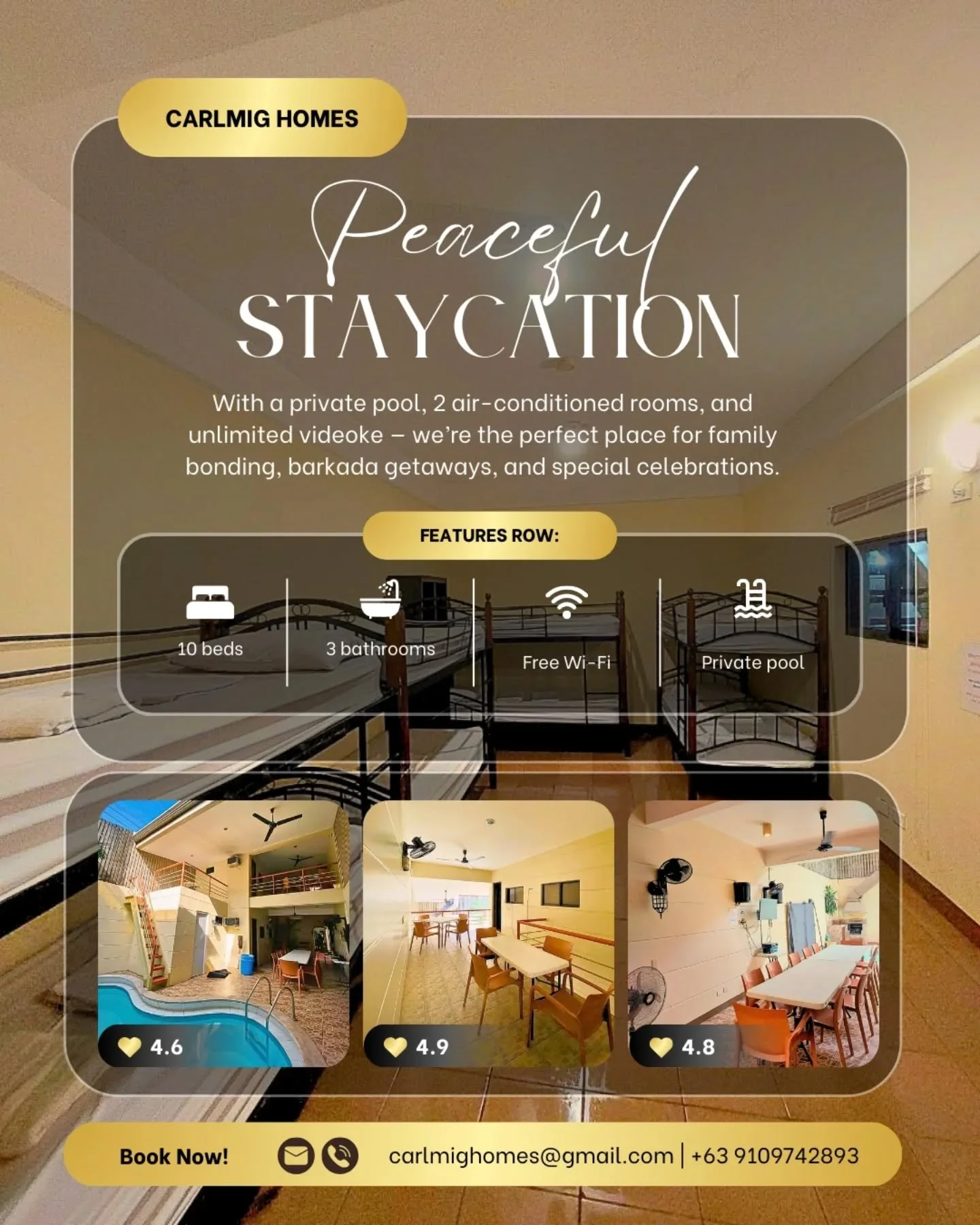 &lrm;Your perfect barkada &amp; family getaway starts here at Carlmig Homes 🌿✨
&lrm;
&lrm;Enjoy a peaceful and private staycation packed with everything you need:
&lrm;
&lrm;🏡 2 Airconditioned Rooms
&lrm;🎤 UNLIMITED Karaoke (No Curfew!)
&lrm;🏊 Pr