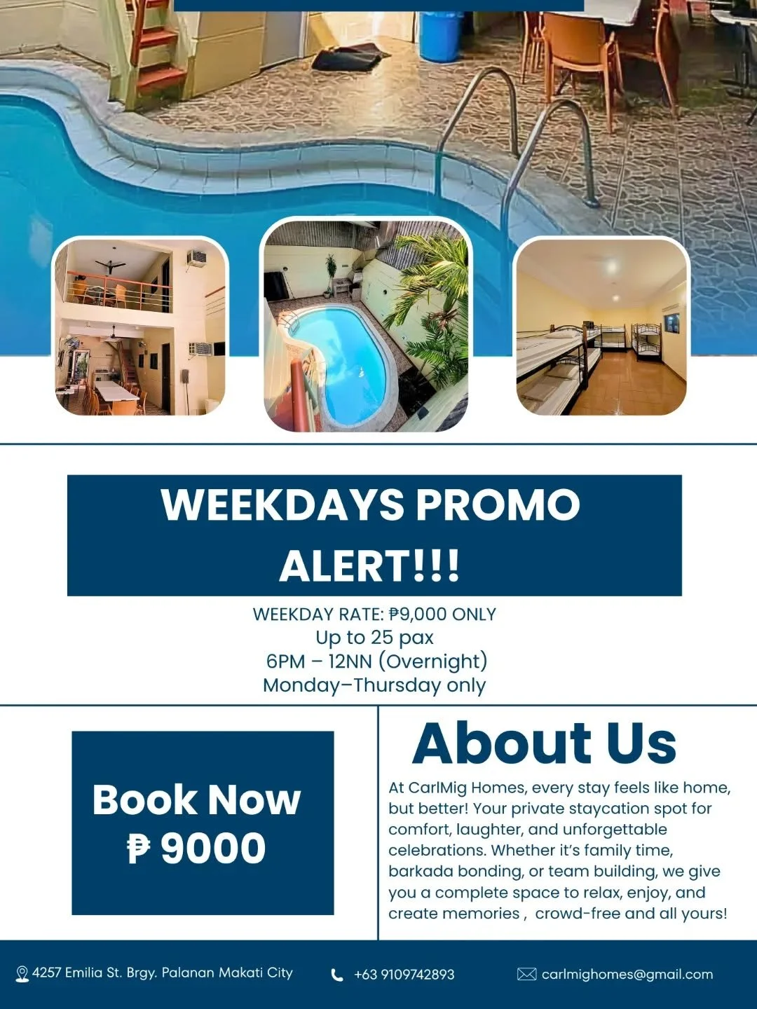 Still no weekday plans? 👀
Our ₱9K WEEKDAY PROMO is waiting for you! 🔥

Why stay home when you can enjoy a PRIVATE staycation ALL TO YOURSELVES? 🤍

✨ GOOD FOR FAMILY, BARKADA &amp; TEAM BONDING ✨

🏡 2 Airconditioned Rooms
🎤 UNLIMITED Karaoke (No 