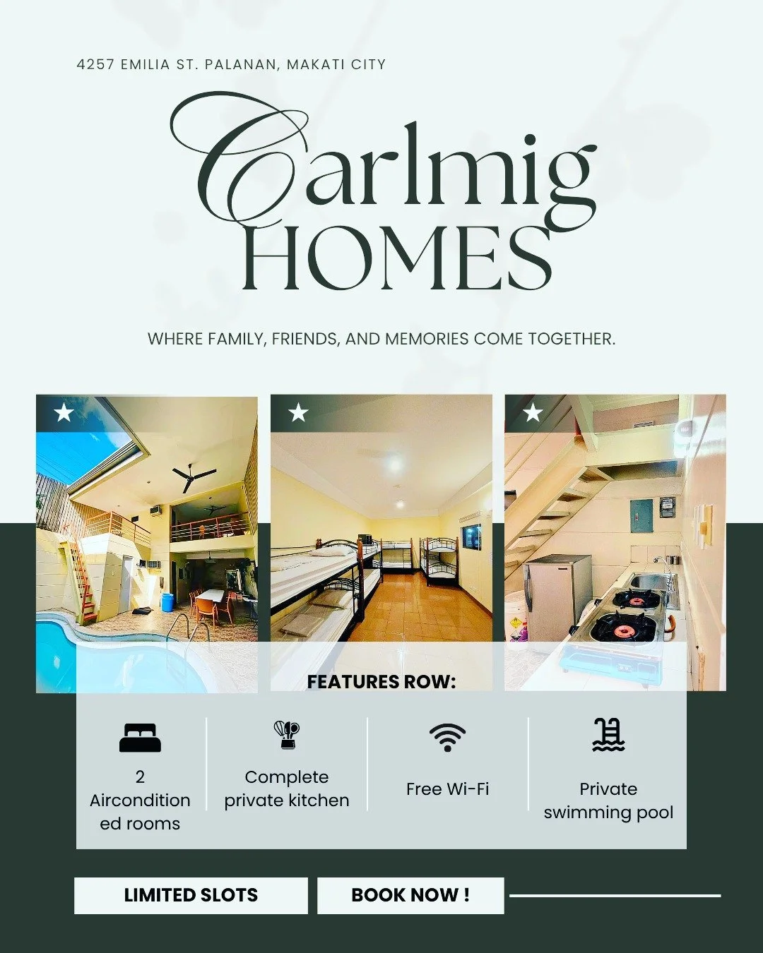🌴 YOUR PRIVATE MAKATI STAYCATION AWAITS AT CARLMIG HOMES! 🏡✨

Looking for the perfect place to relax, celebrate, and create unforgettable memories with your family and friends? CARLMIG HOMES offers an exclusive private staycation experience with ev