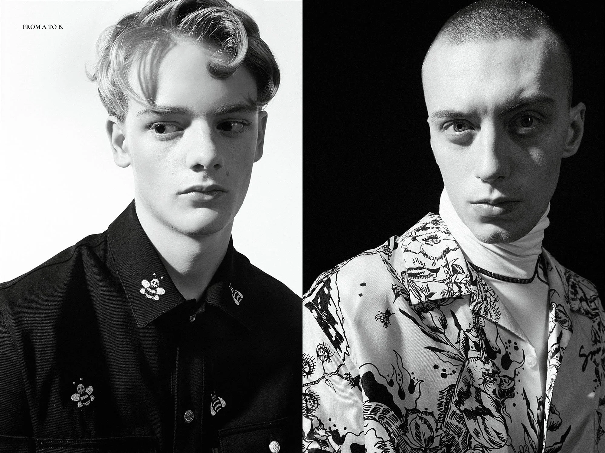 A split black and white photo of two young men. The man on the left has wavy hair, wearing a dark shirt with embroidered bees. The man on the right has a buzz cut, wearing a patterned shirt over a turtleneck, with a plain dark background.
