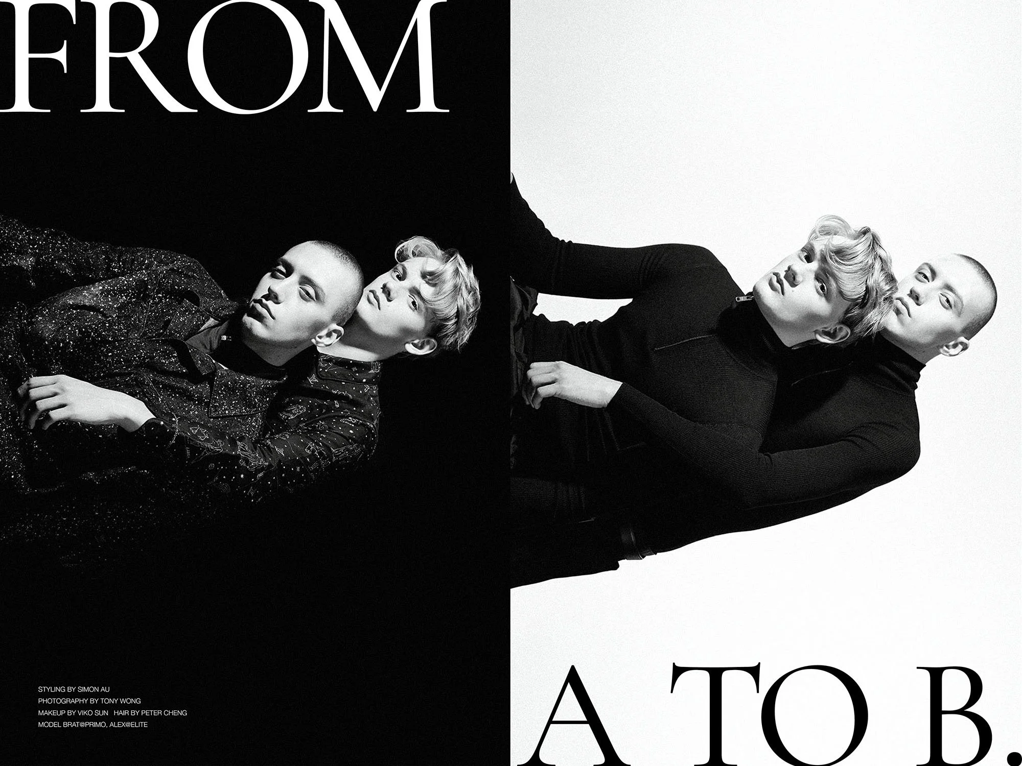 Black and white split-image of two young androgynous models, one with shaved head and the other with curly hair, posing in stylish clothing against contrasting black and white backgrounds, with large partial text reading 'FROM' and 'ATOB'.