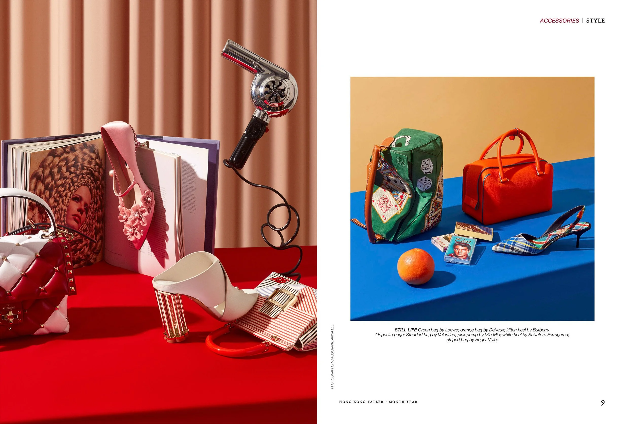 Display of colorful fashion handbags, shoes, and accessories on vibrant backgrounds, showcasing style and design.