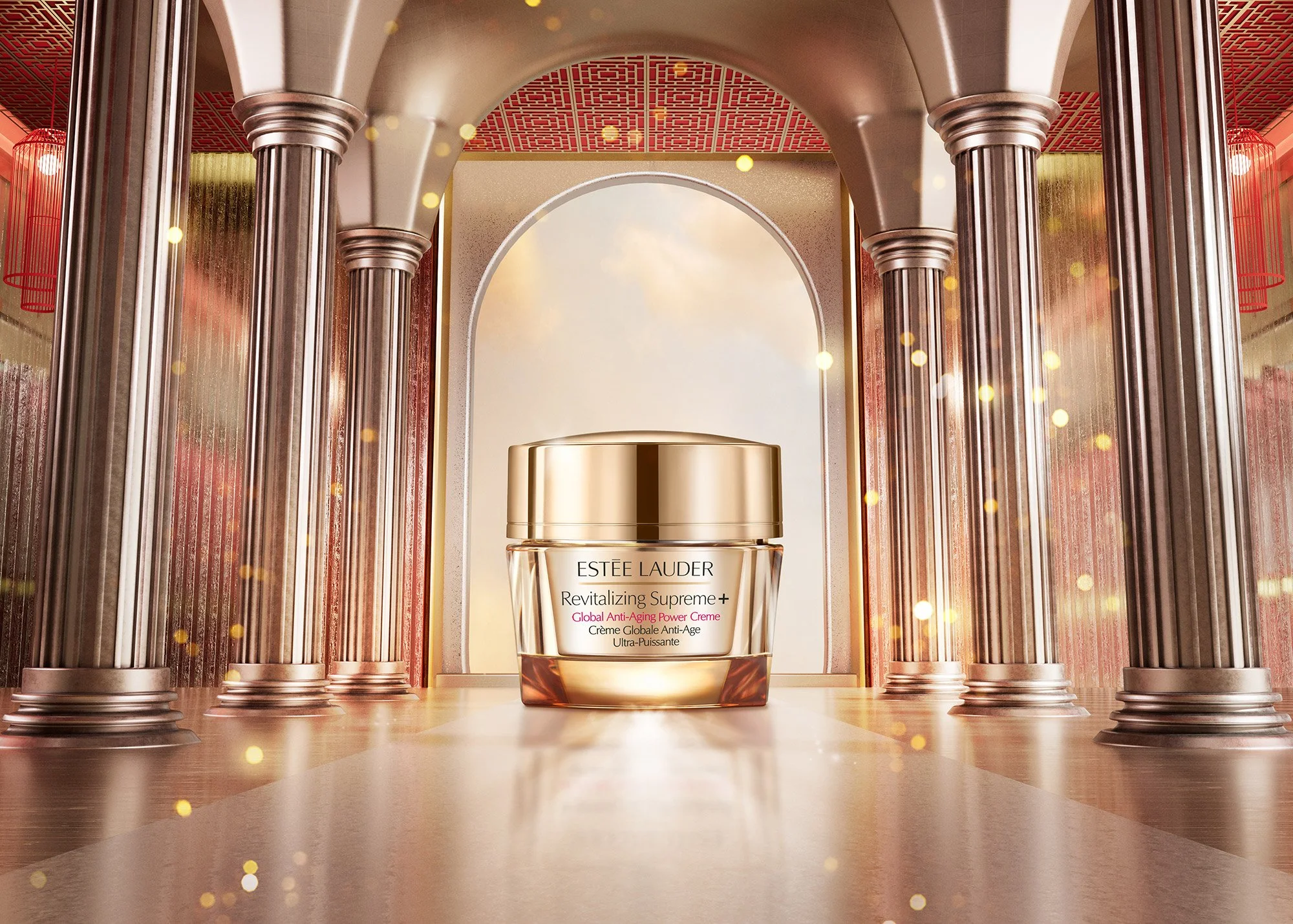 A jar of Estée Lauder Revitalizing Supreme+ cream is displayed in a luxurious setting with classical columns and gold accents, with soft lighting and bokeh effects.