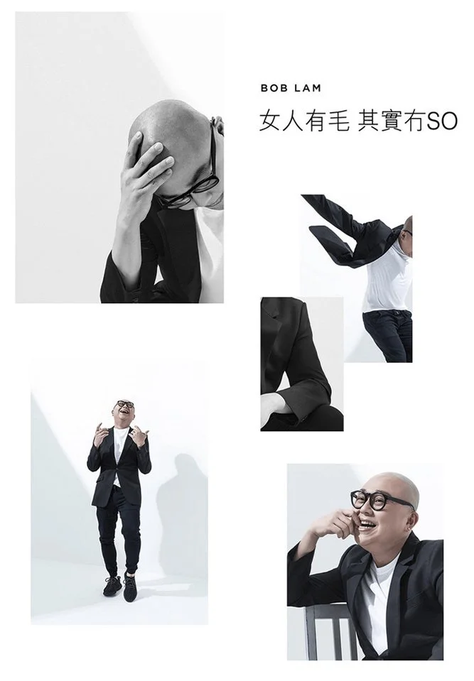 Collage of five photos featuring a bald man with glasses in various poses, including touching his head and smiling, with some images showing him in a black blazer and white shirt, and one with a black jacket. Text in Chinese and English reads "Bob La