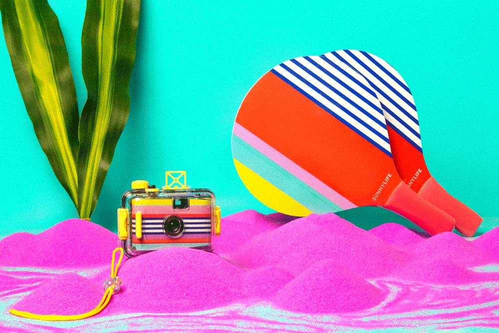 Colorful beach scene with a large inflatable paddleball, a small toy camera, and a green plant against a bright teal background.
