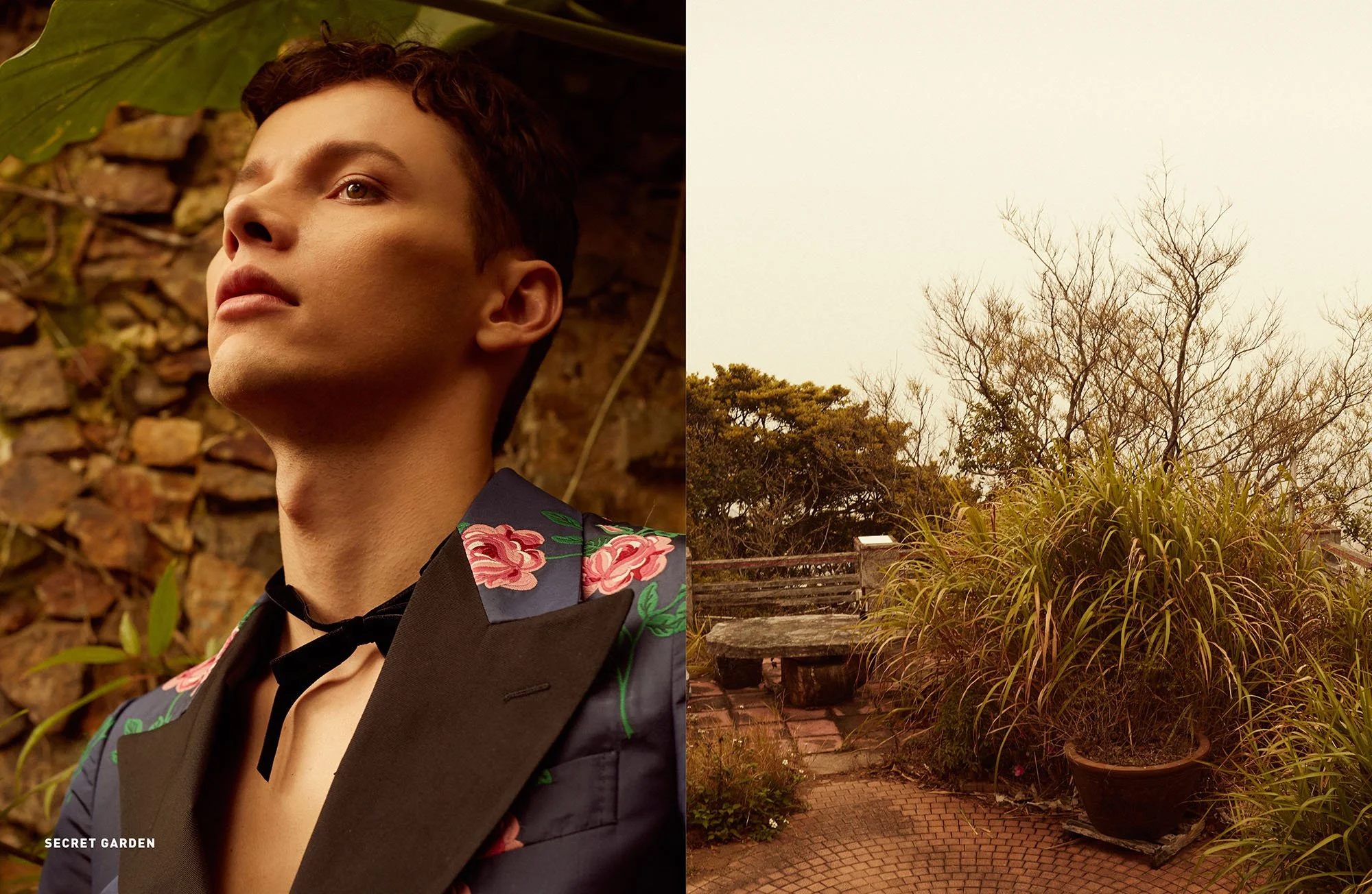 A collage of two photographs: on the left, a close-up portrait of a person with short dark curly hair, wearing a black blazer with a floral pattern, standing outdoors with a brick wall and green leafy background; on the right, a backyard scene with a