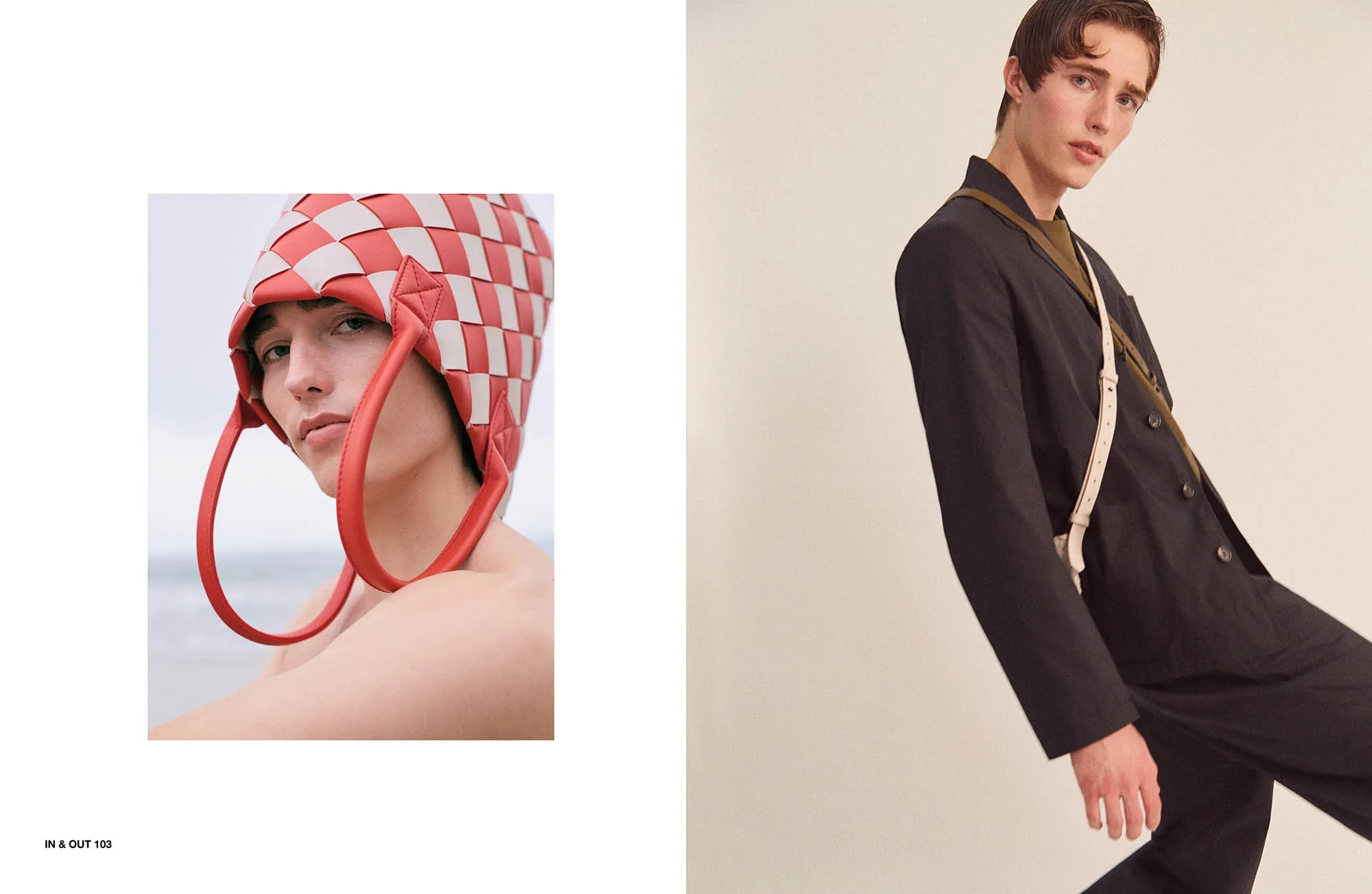 Fashion magazine spread featuring a model on the left wearing a red woven hat with straps, photographed outdoors, and a male model on the right dressed in dark clothing with suspenders, standing against a plain wall.