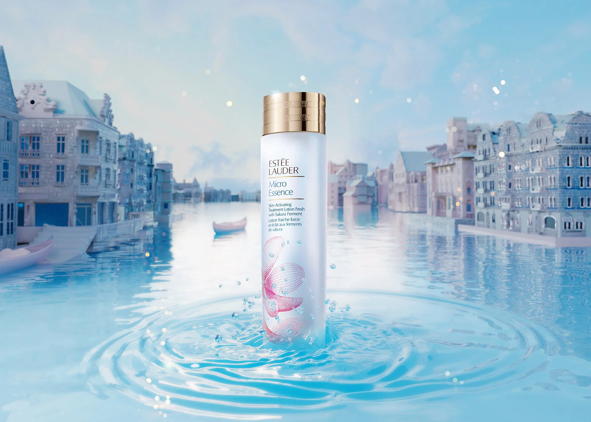 A bottle of Estée Lauder Micro Essence skincare product floating in water with city buildings and boats in the background.