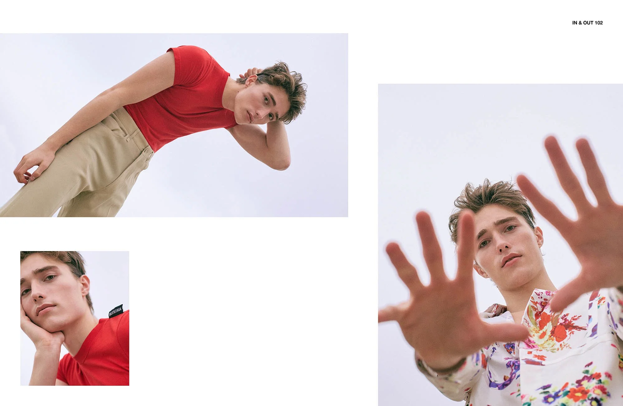 Three photos of a young man with brown hair and light skin, wearing different outfits, taken from a low angle against a pale sky. In the first photo, he wears a red t-shirt and beige pants, looking directly at the camera with a hand behind his head. 