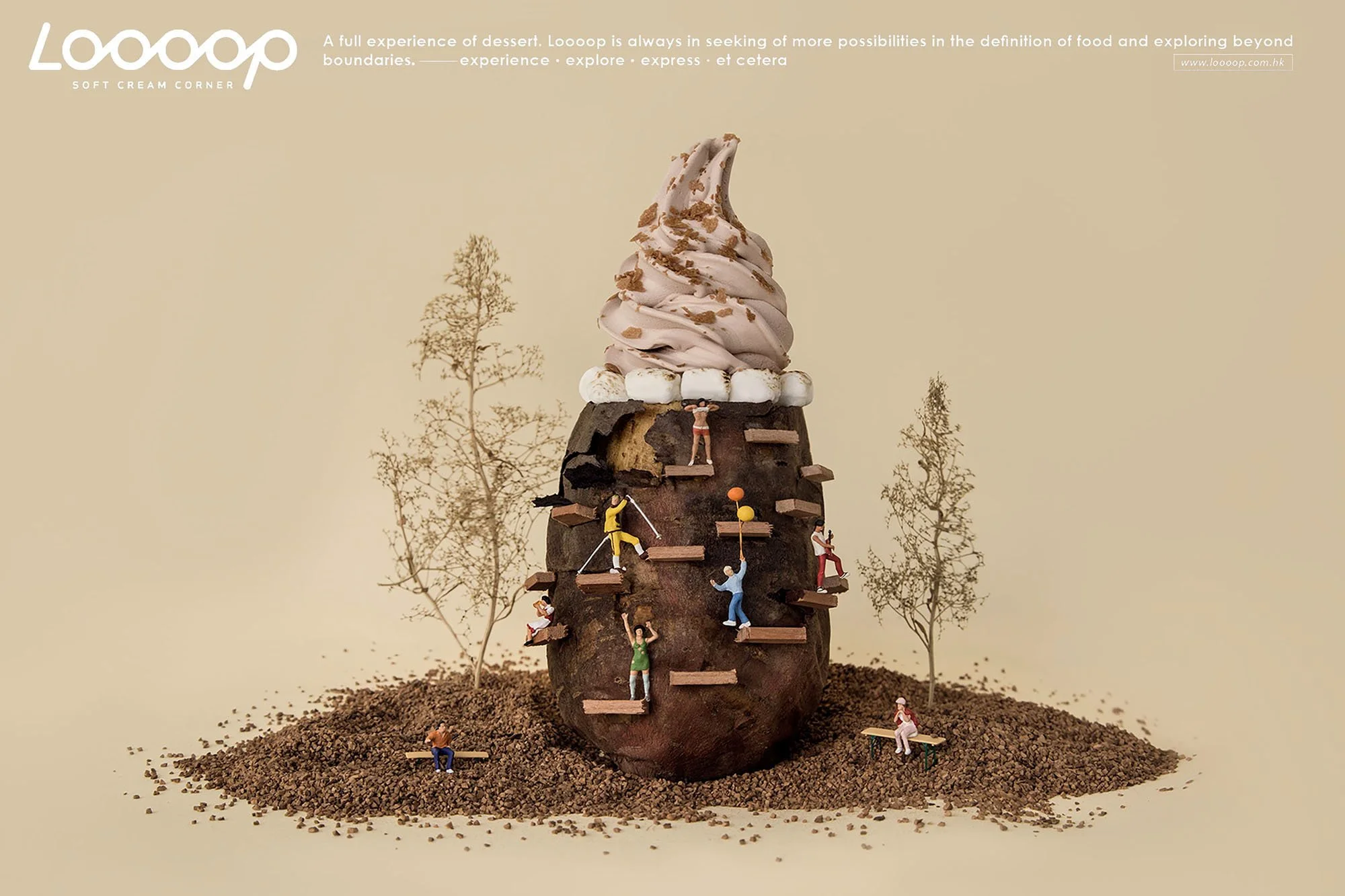 A large chocolate ice cream cone with a swirl of soft serve ice cream topped with crumbs, standing upright on a soil mound. Miniature climbers and workers are seen scaling the cone and soil mound, with some sitting or working on benches and stairs. T