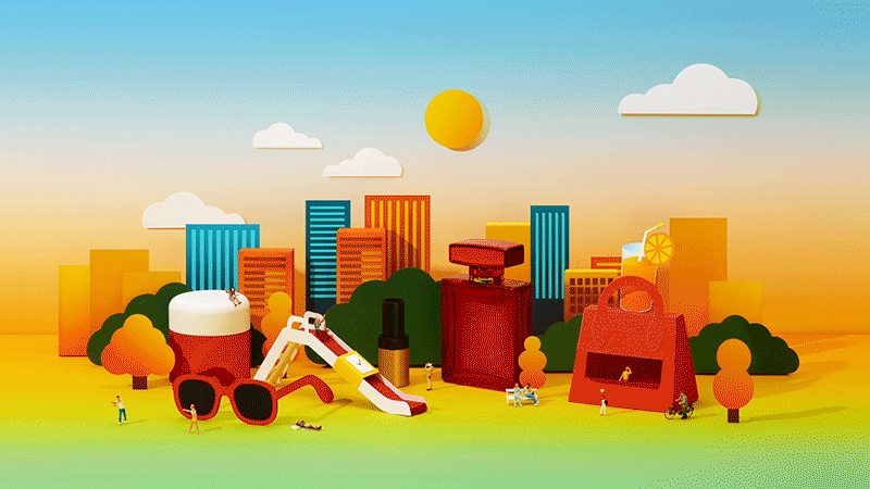 A colorful illustration of a city park with oversized summer items, including sunglasses, a drink, sunscreen, and a slide, set against a city skyline at sunset.