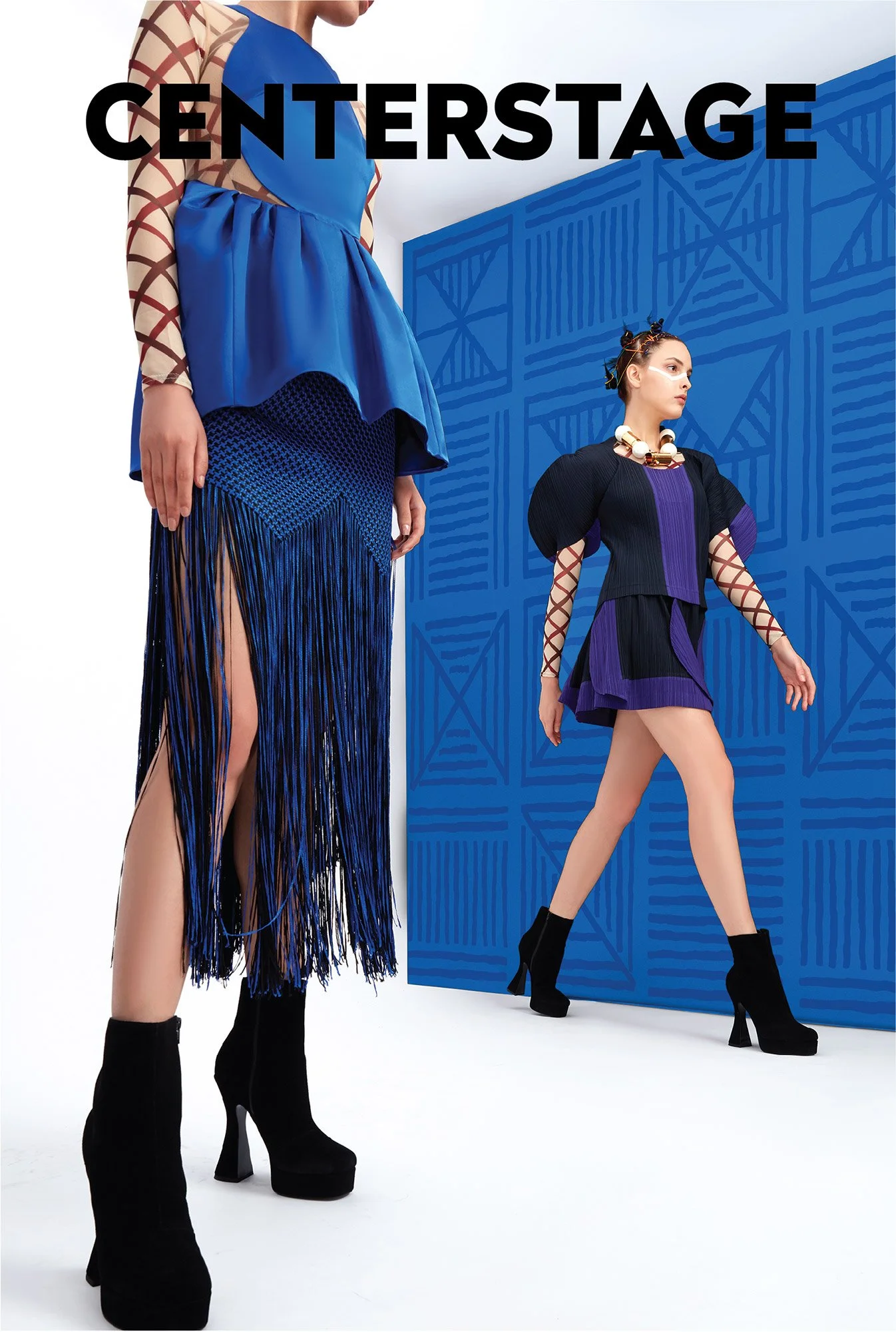 Two fashion models wearing colorful clothing and black heeled boots in front of a blue geometric patterned background. The word 'CENTERSTAGE' is at the top of the image.