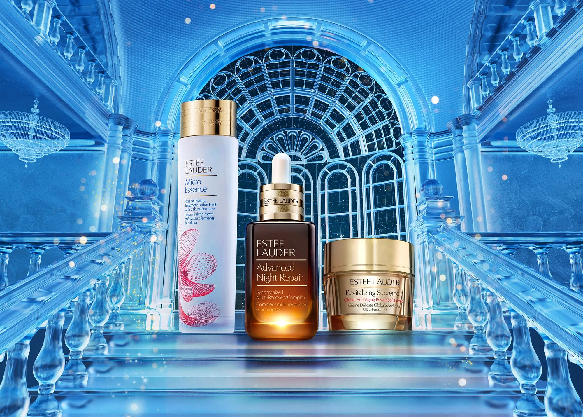 A display of Estée Lauder skincare products on a glass staircase inside a grand, ornate glass-domed building with chandeliers and pillars, featuring a blue color scheme.