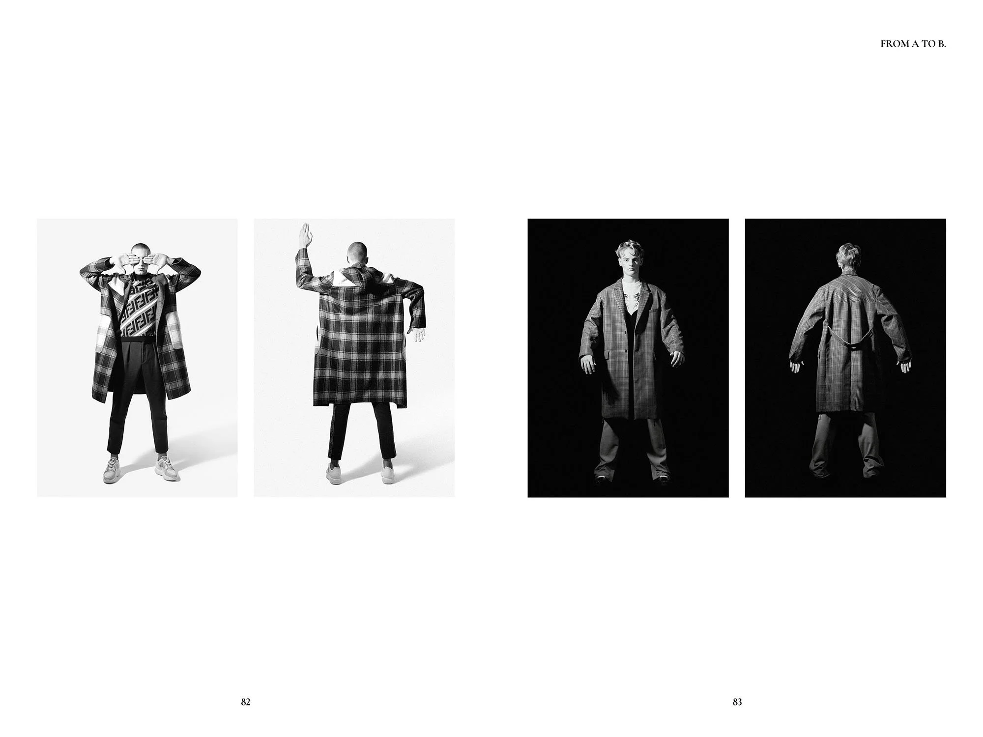 Four black and white photos of a person modeling different plaid coats and outfits, two photos show the person from the front and two from the back, with contrasting backgrounds of white and black.