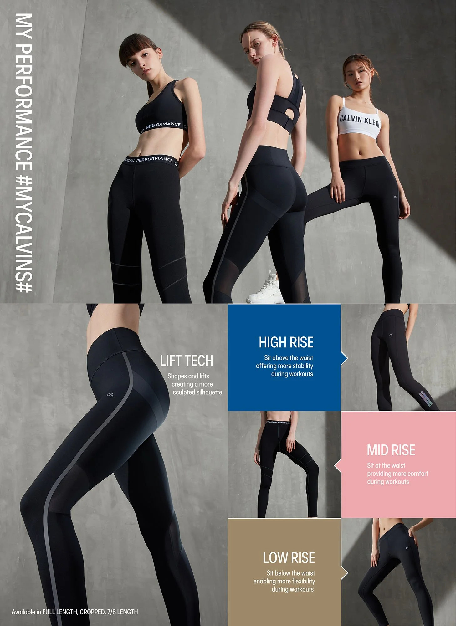 Display of women modeling high-performance athletic leggings with different rise styles: high rise, mid rise, and low rise, against a gray background.