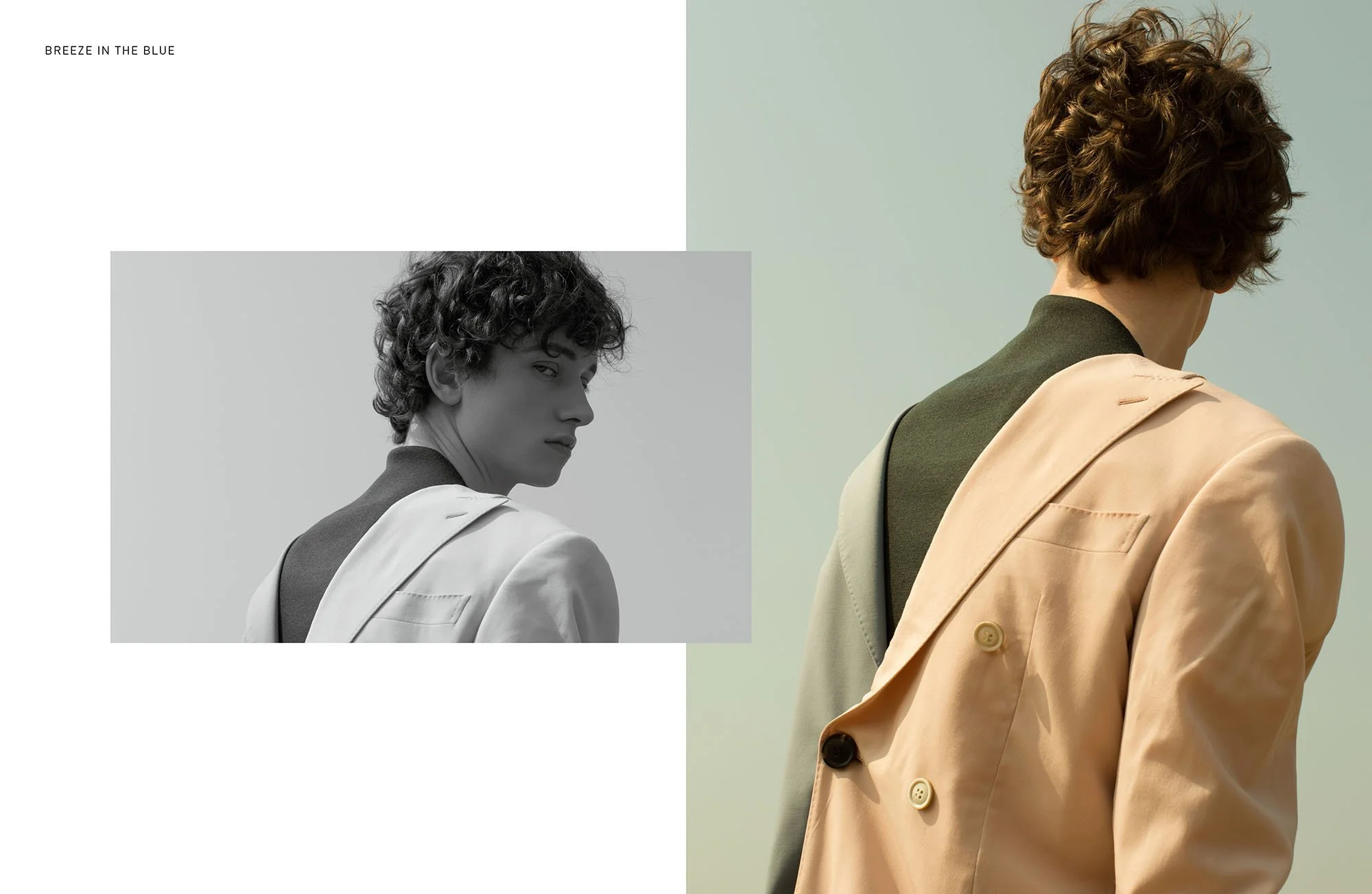 A woman with short curly hair looking over her shoulder, wearing a beige blazer over a green top, against a neutral background. The image has a color version on the right and a black-and-white version on the left with a small text "Breeze in The Blue