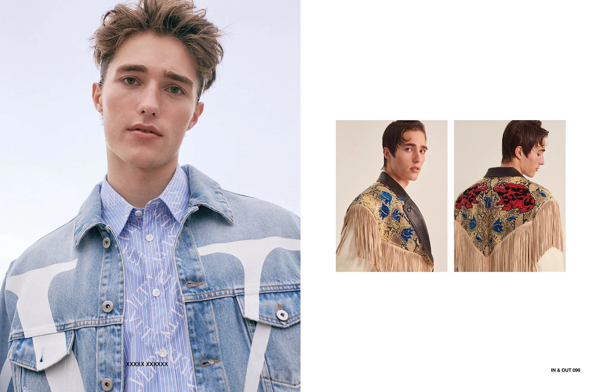 Photograph of a young man wearing a light blue denim jacket over a patterned shirt, standing against a clear sky. On the right, two inset images show the same model wearing a shirt with an embroidered Western-style jacket with fringe details.