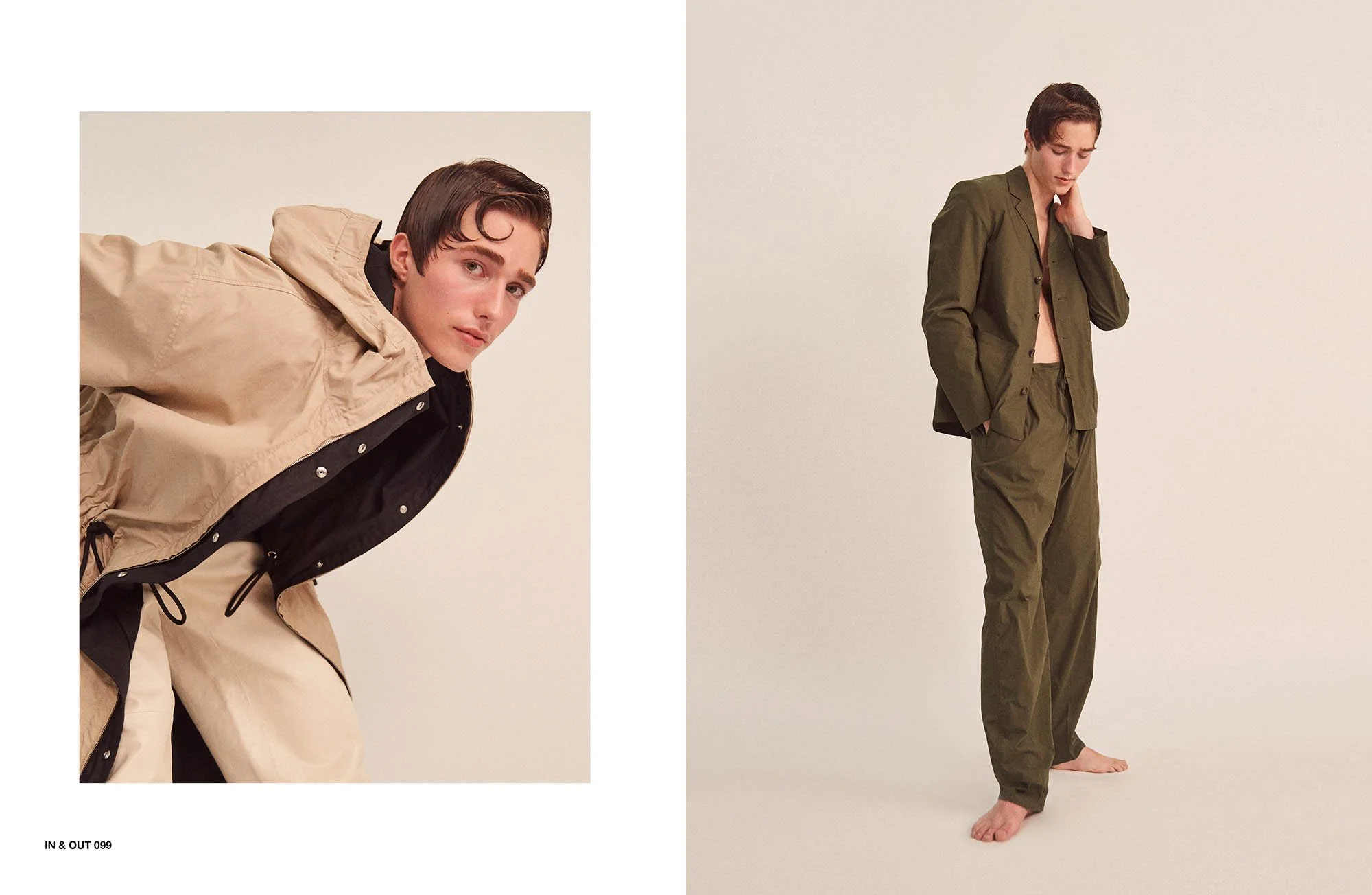 Two images of a young man with dark hair and fair skin, wearing different outfits. The left image shows him leaning forward, wearing a tan jacket over a black hoodie, against a light background. The right image shows him standing barefoot with one ha