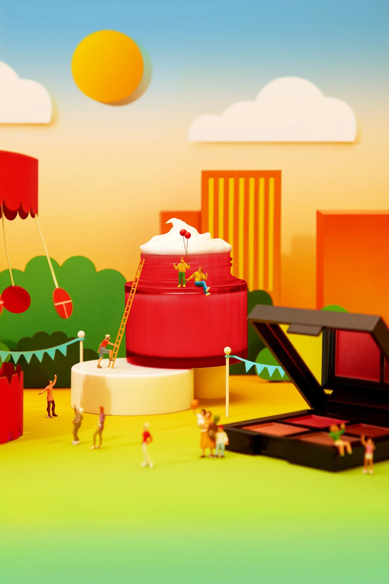 Miniature figurines around a cosmetic container with foam, set against a colorful, cartoonish background with clouds, buildings, a sun, and an amusement park.