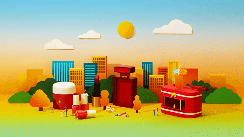 Colorful, cartoon-style cityscape with buildings, trees, and people enjoying outdoor activities, featuring oversized beauty and perfume bottles in the foreground under a bright sun with clouds.