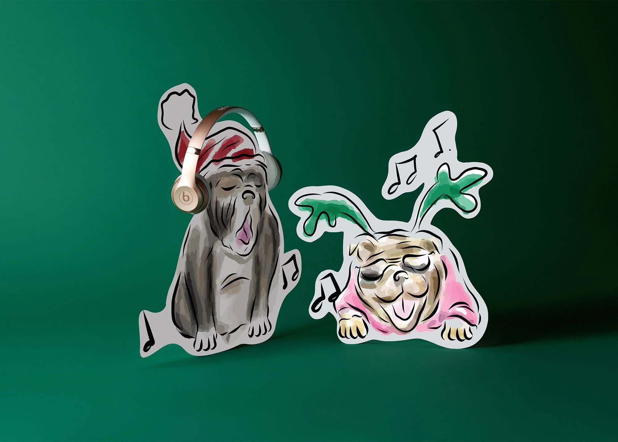 Paper cutouts of two cartoonish dogs with musical notes, one wearing headphones and a Santa hat, on a green background.